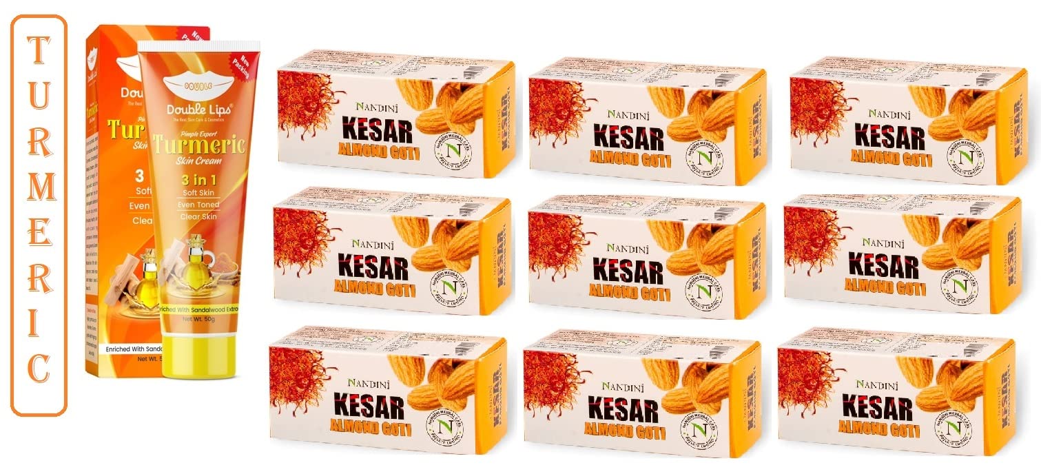 Nandini Kesar & Almond Goti Facial Soap (Pack of 9) and Turmeric 3-in-1 Skin Cream - 100% Natural for All Skin Types | Brightening, Moisturizing & Anti-Aging | Perfect for Daily Skincare Routine & Gift Sets