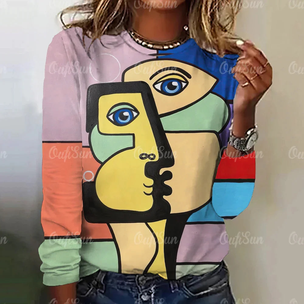 Funny Face Print Women's Long Sleeve T-Shirt | Harajuku Style Gothic Graphic Tee | Oversized Fashion Top for Women & Girls | Perfect for Halloween, Cosplay & Streetwear Outfits