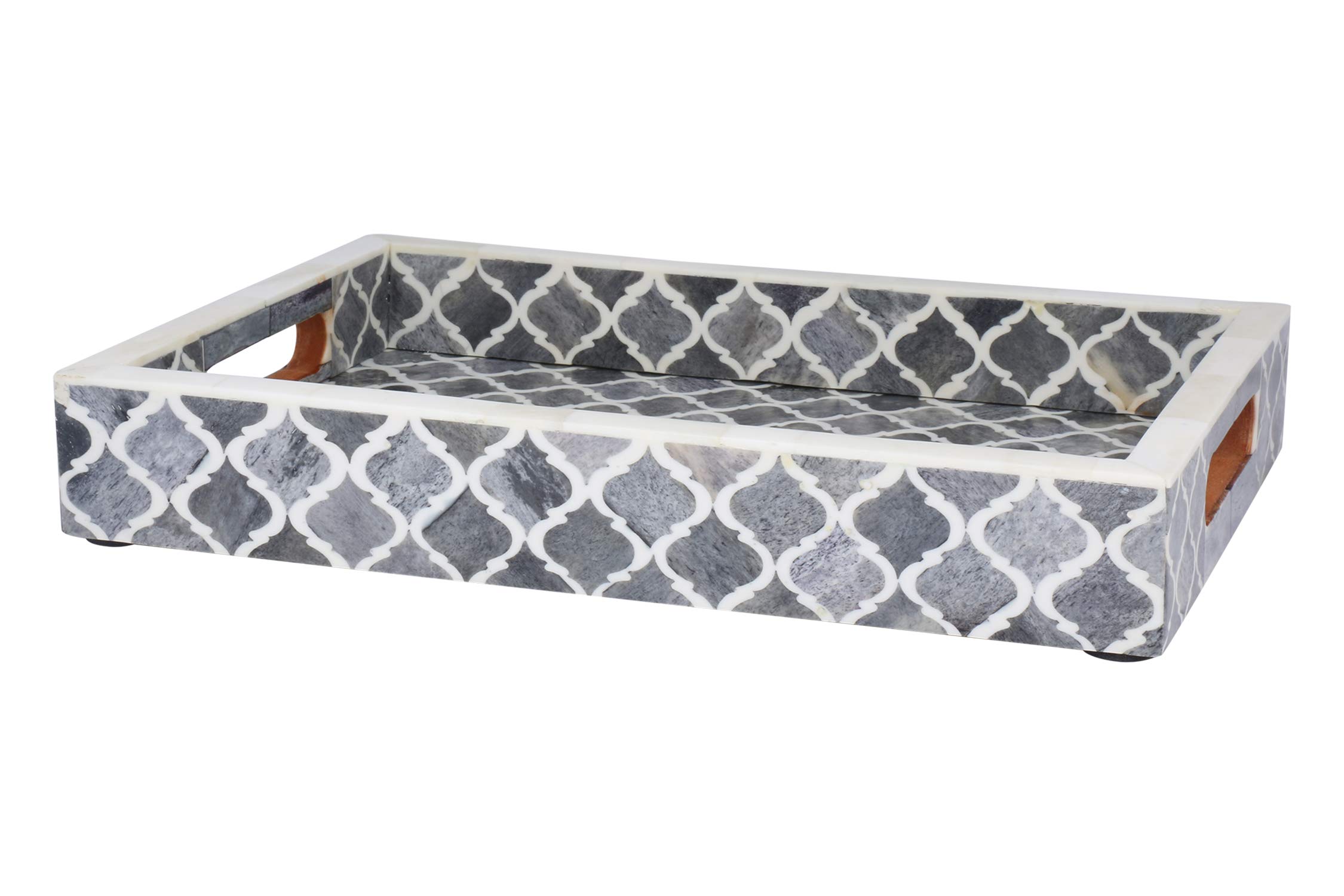 Moroccan Pattern Decorative Serving Tray 12x8 Inches - Multipurpose Bone Inlay Ottoman Tray in Grey for Coffee Table, Living Room Decor & Gift Giving