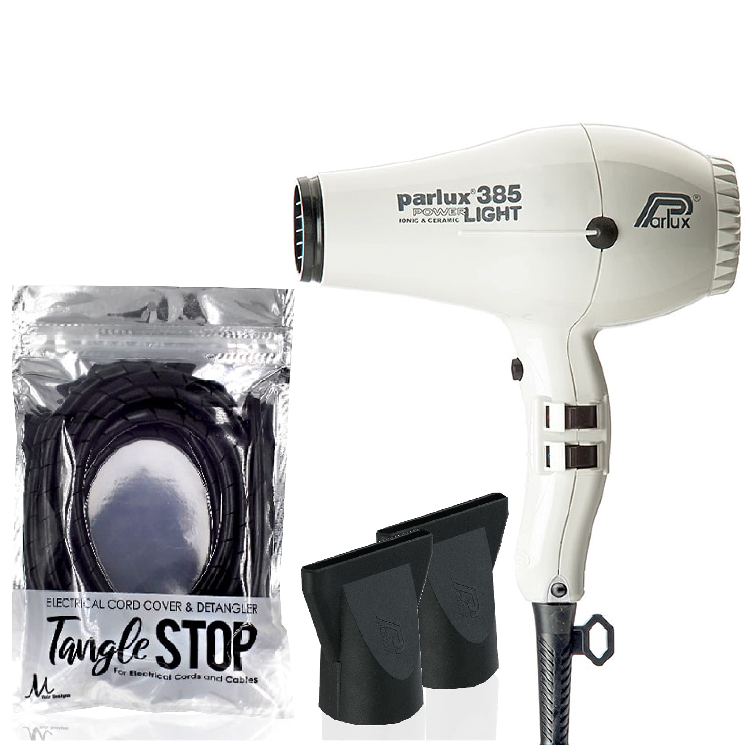 Parlux 385 Powerlight Ionic & Ceramic White Hair Dryer with M Hair Designs Tangle Stop Cord Cover Detangler - Professional Salon Hair Styling Tools for Smooth, Frizz-Free Blowouts at Home or Salon