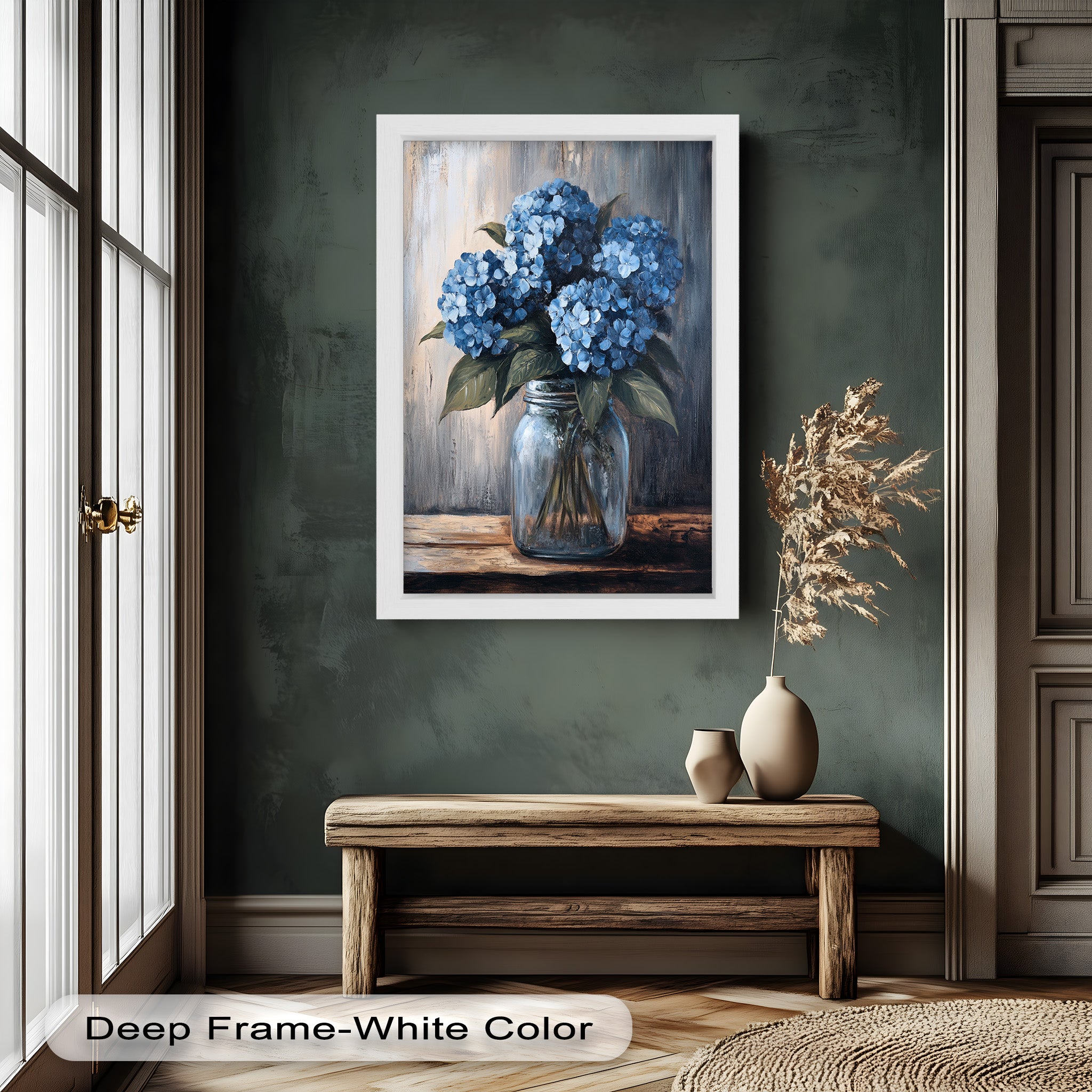Blue Serenity Hydrangea Blooms in Mason Jar - Floral Oil Painting Wall Art for Home Decor, Living Room, Bedroom & Office | Handmade Canvas Artwork