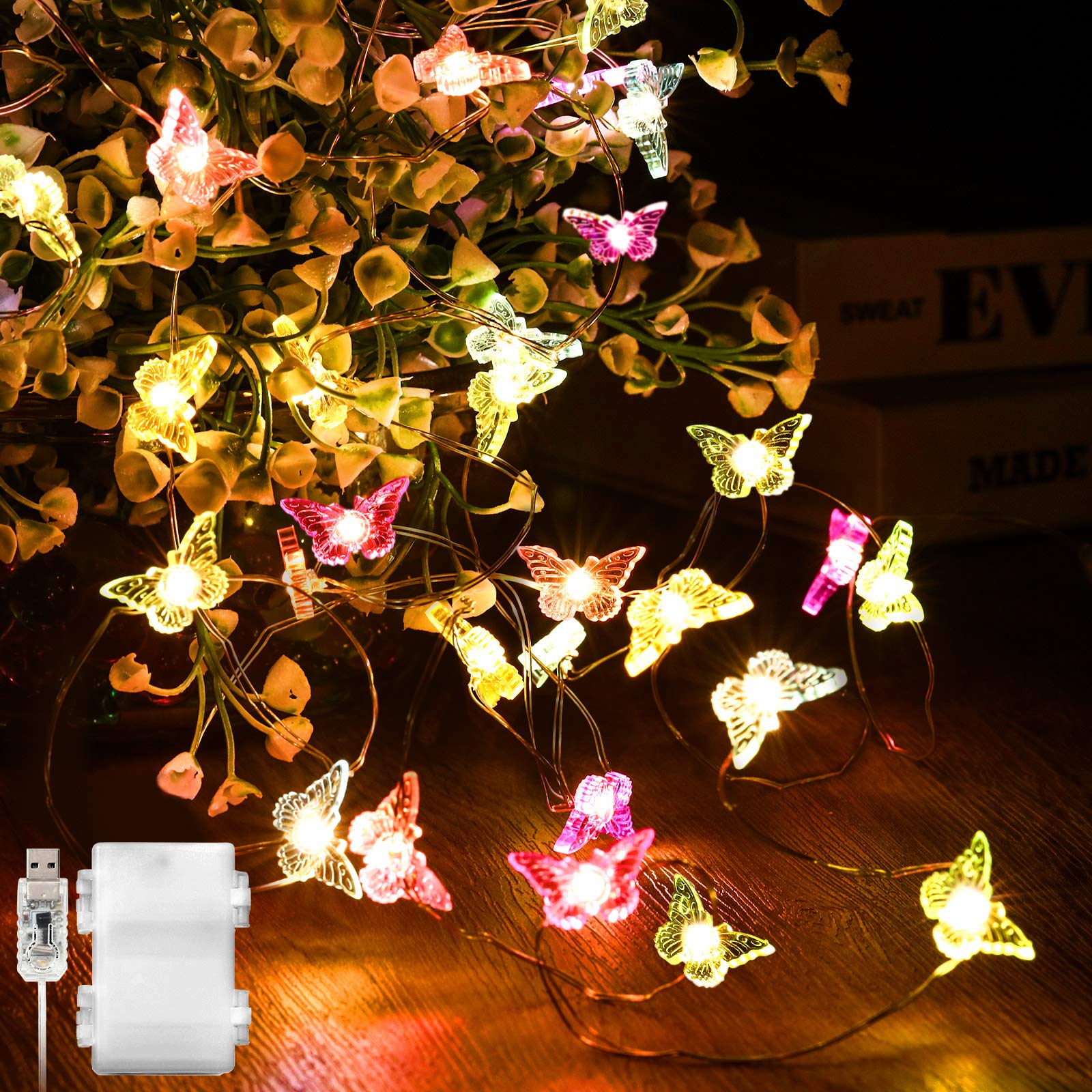 Butterfly Fairy Lights - 16.4ft 50 LED USB/Battery Powered with Remote for Bedroom, Wedding & Party Decor
