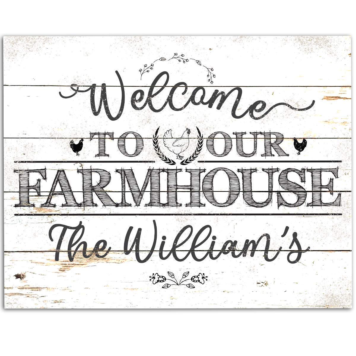 Personalized Farmhouse Welcome Sign - Custom Name Print, Chicken Coop Decor, Family Farm Gift - 11x14 Unframed Wood Style Poster - Perfect for Front Porch, Country Kitchen & Rustic Home Decor