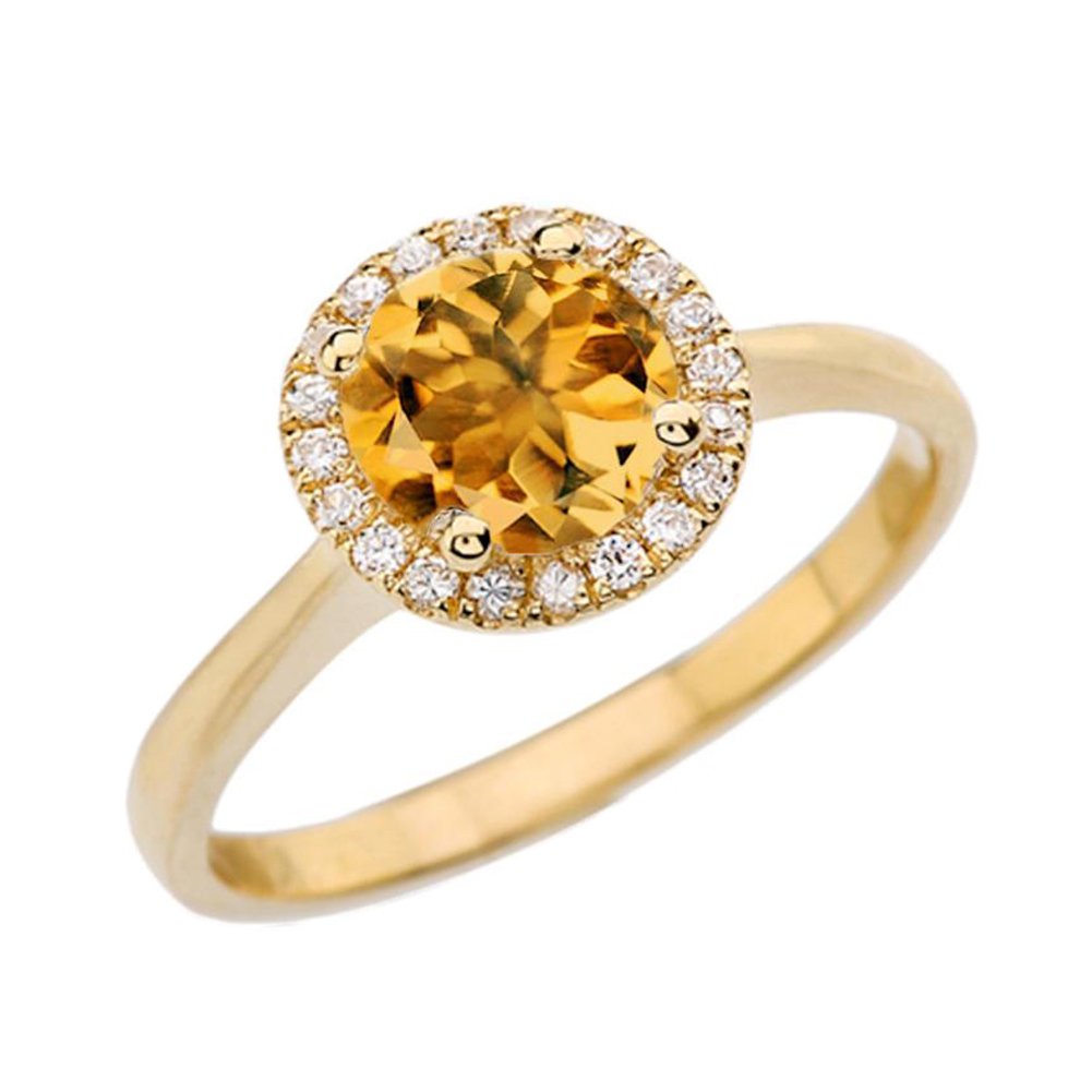 14K Yellow Gold Diamond and Citrine Halo Engagement Ring for Women - Elegant Proposal Wedding Jewelry Gift for Anniversary, Valentine's Day or Special Occasions