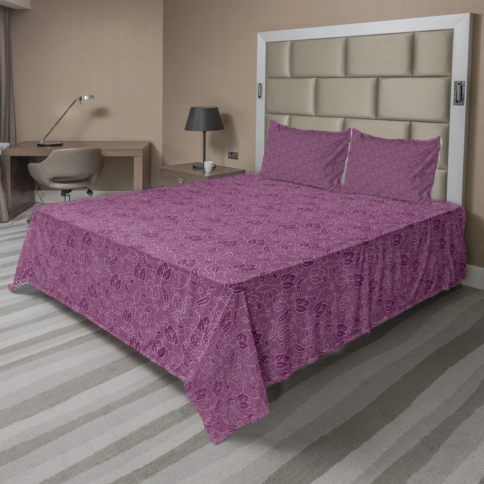 Ambesonne Floral King Sheet Set - 4 Piece Bedding with Rhythmic Abstract Tulip Flowers Pattern in Purple, Magenta, Mauve & Taupe | Soft Fitted & Flat Sheets + Pillowcases | Perfect for Master Bedroom, Guest Room & Airbnb Decor