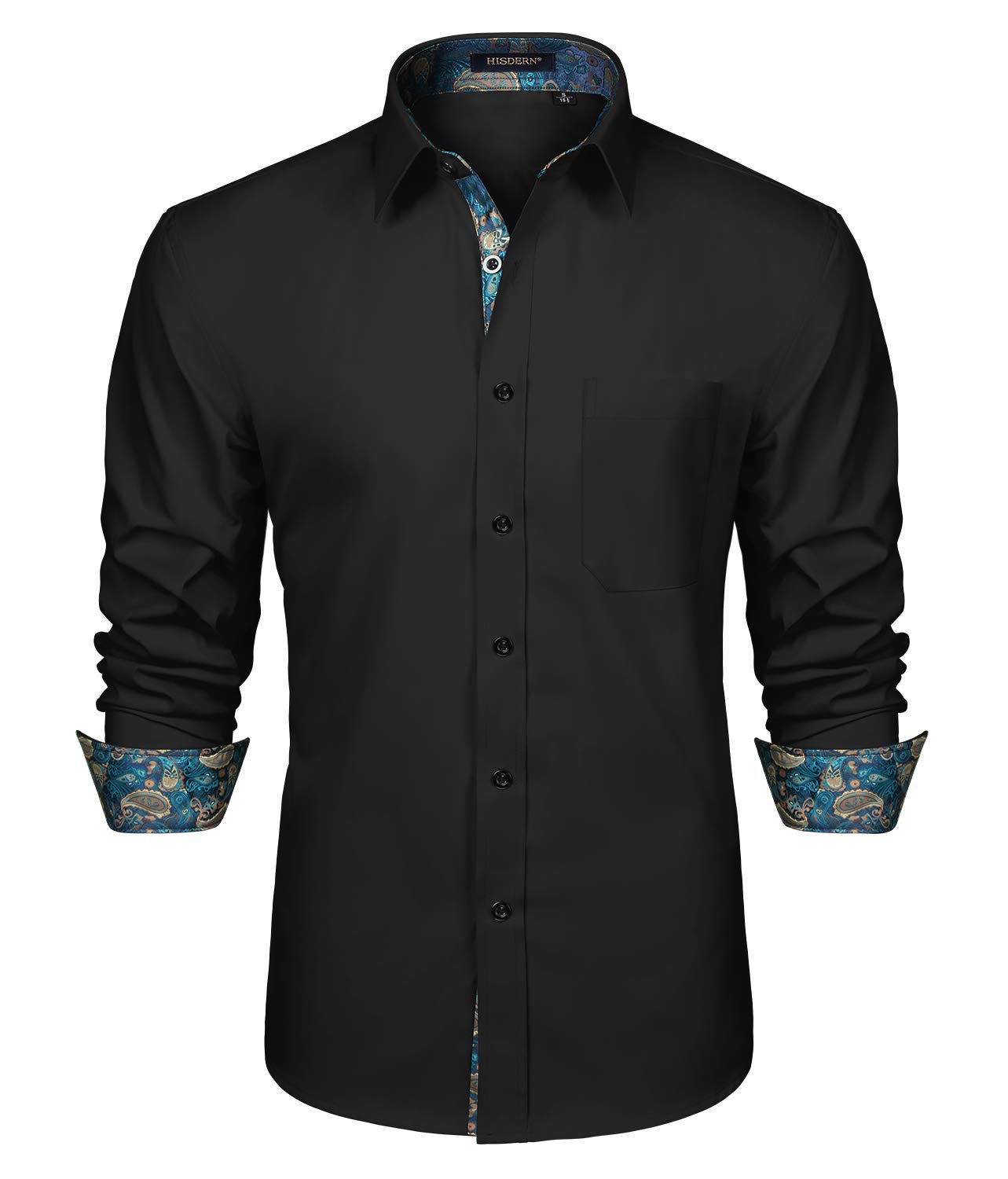 HISDERN Men's Contrast Collar Casual & Formal Button Down Dress Shirt - Long Sleeve Printed Business Shirt for Office, Party & Daily Wear