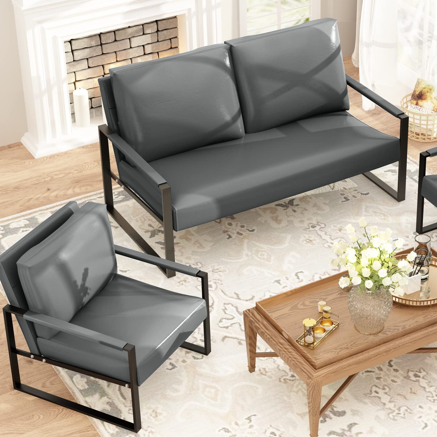 Premium Leather Accent Chair and Loveseat Set with Pillows - Extra Large Ergonomic Cushion & Anti-Scratch Foot Mats - Modern Grey Living Room Sofa for Home, Office, and Lounge Spaces