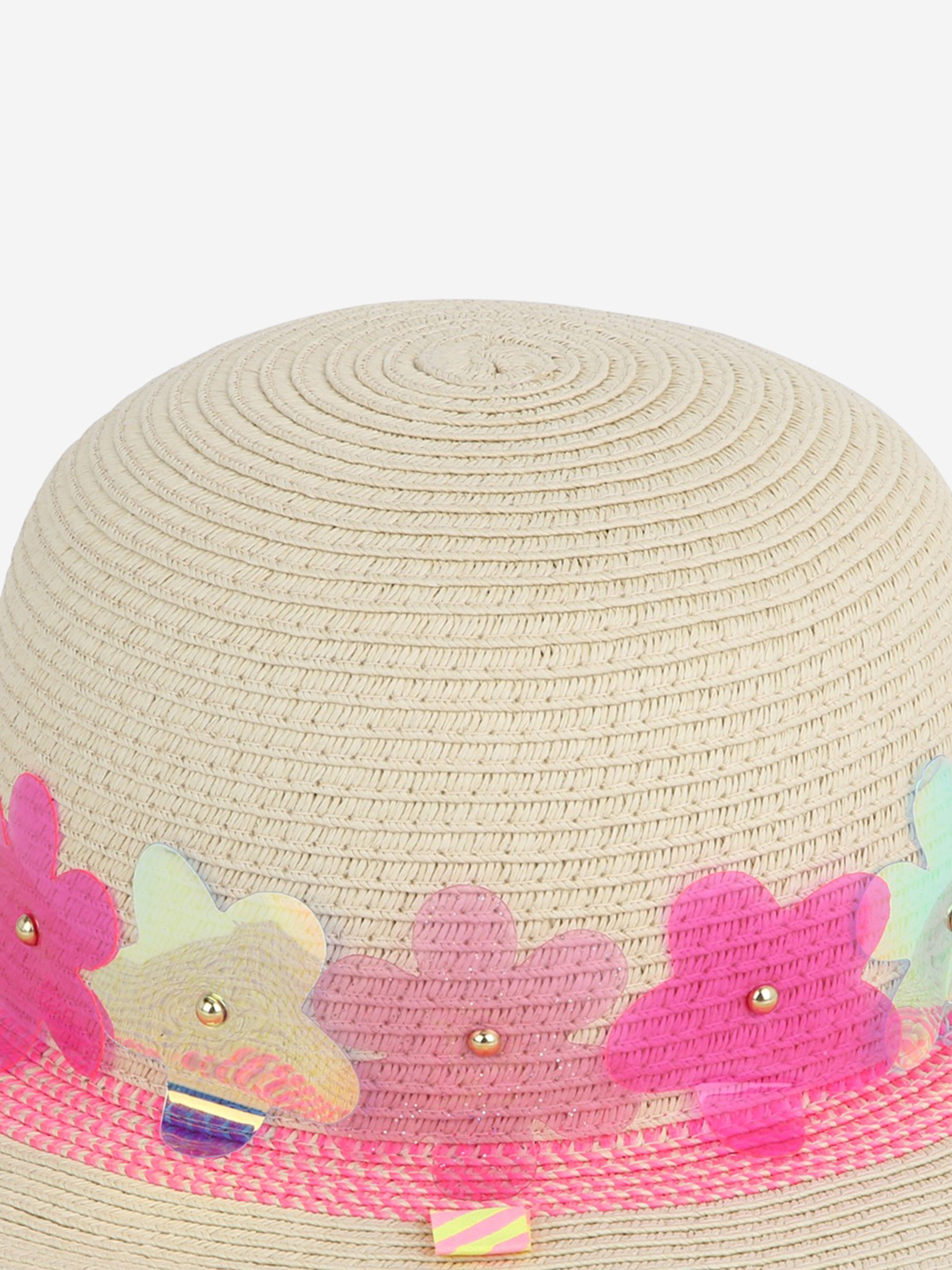 Billieblush Girls' Beige Floral Sun Hat - UV Protection Wide Brim Summer Hat for Beach, Garden & Outdoor Activities