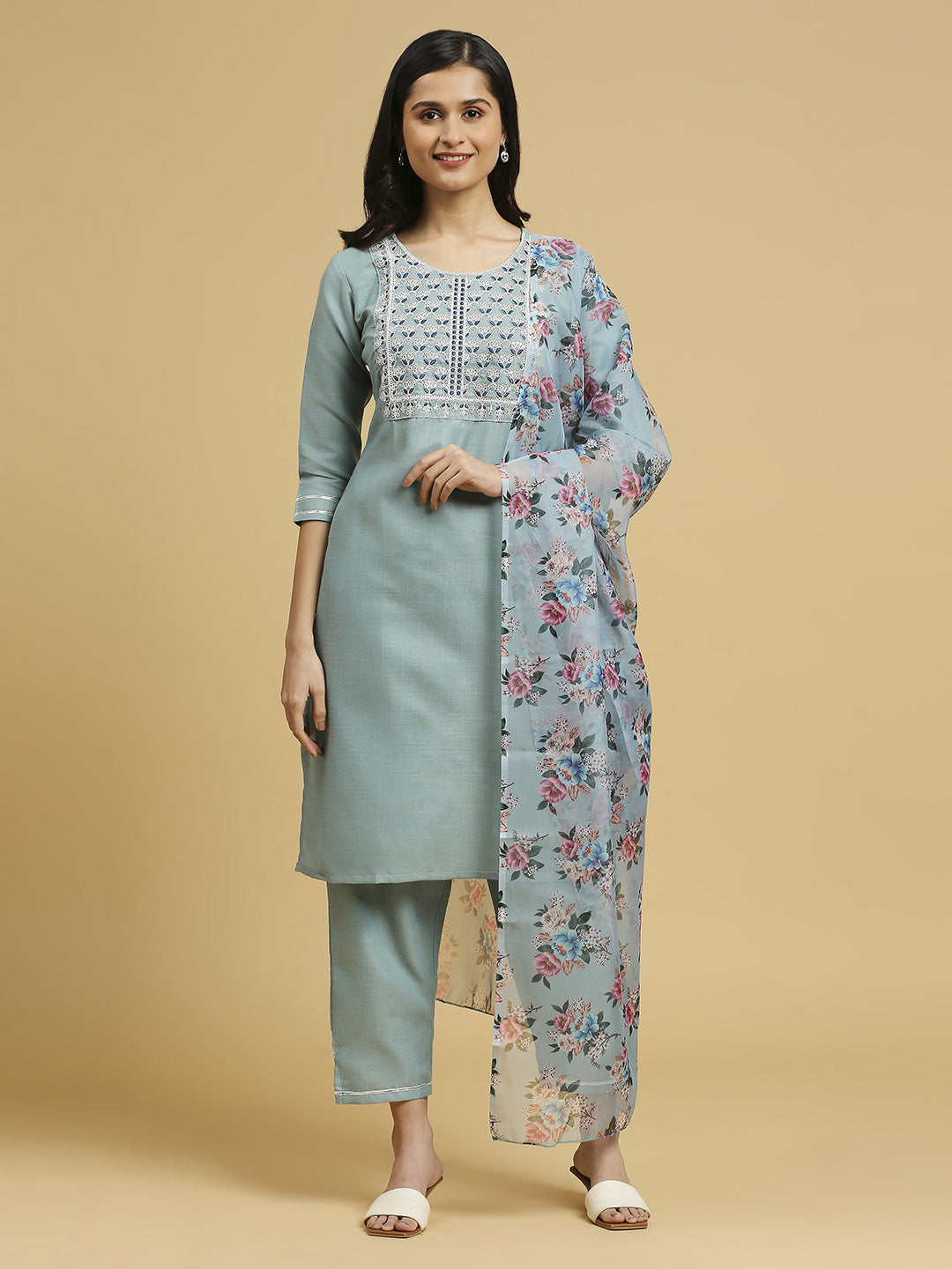 Trendy Aqua Blue Floral Printed Cotton Pant Suit for Women - Elegant Designer Outfit for Parties, Weddings & Office Wear