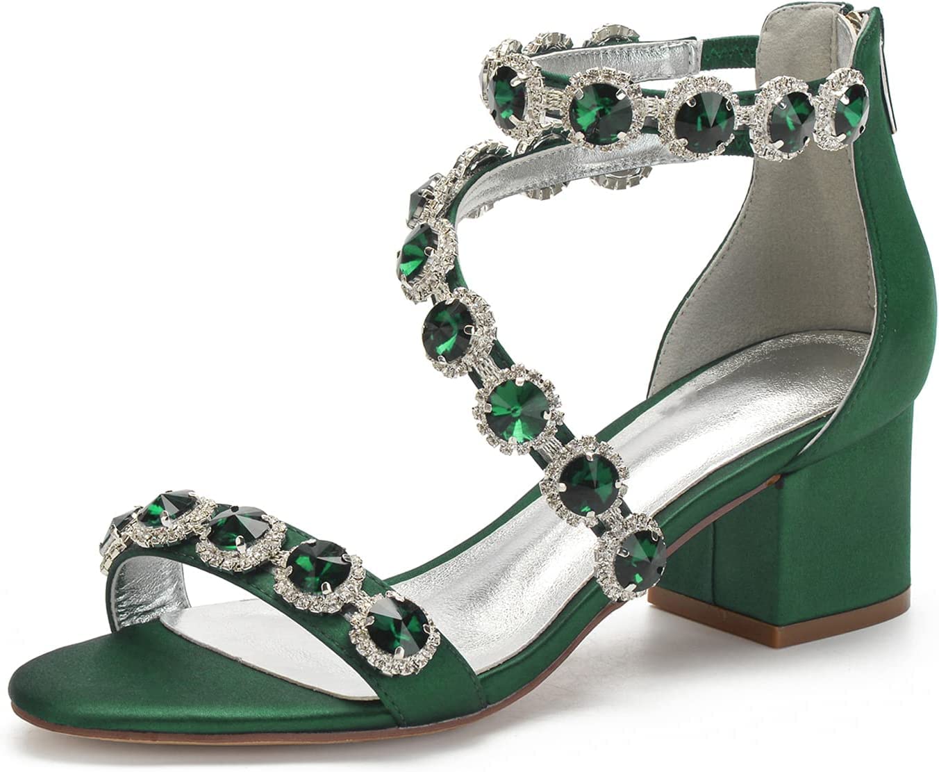 Elegant Rhinestone Satin Bridal Heeled Sandals for Women - Pointed Toe Wedding Shoes for Bride, Summer Party & Banquet - Dark Green UK Size 5 | Perfect for Weddings, Receptions, and Formal Events