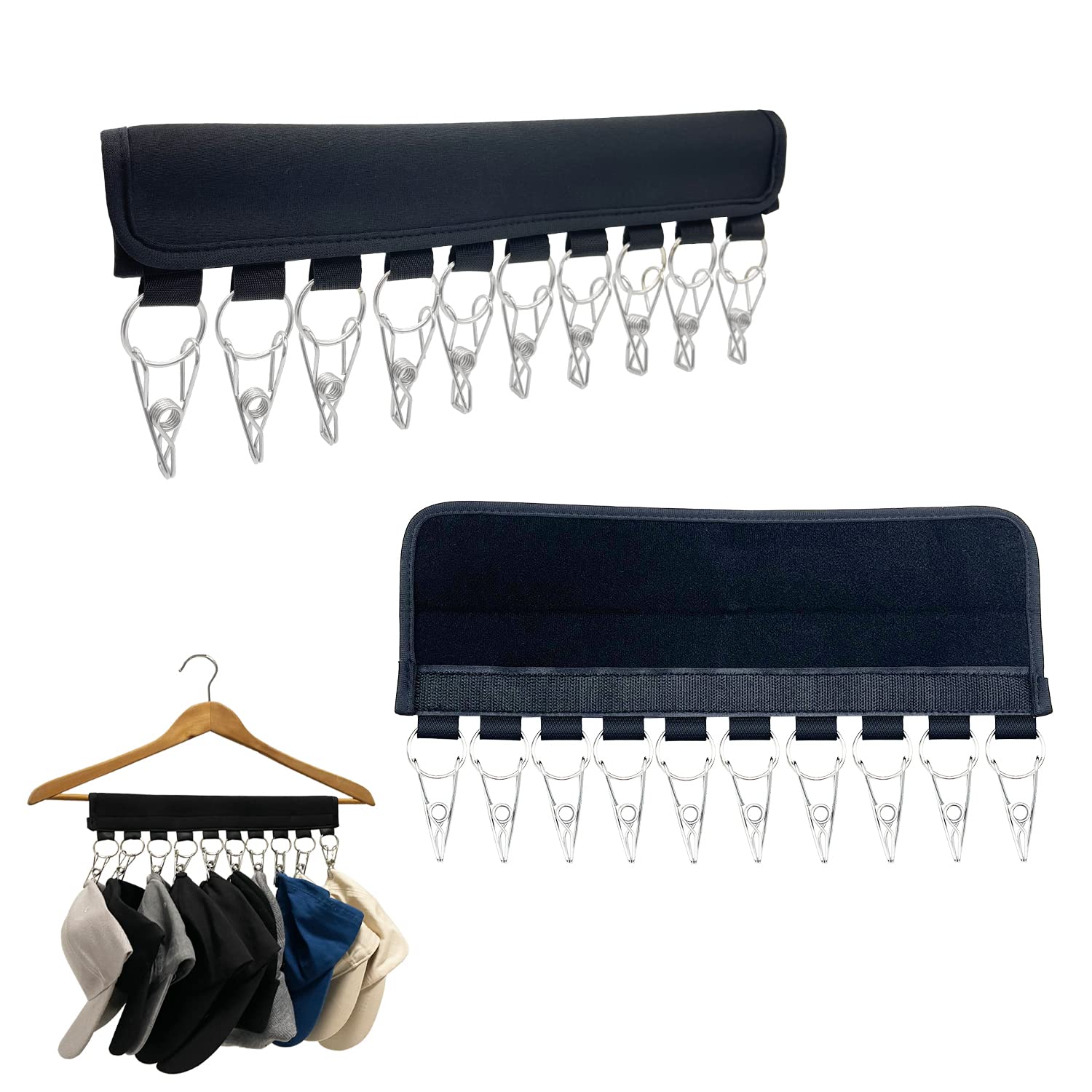 Baseball Cap Organizer - 2 Pack Black Hat Hanger for Closet with 10 Large Holder Clips | Perfect for Hat Storage, Display & Organization in Bedroom, Closet or Entryway