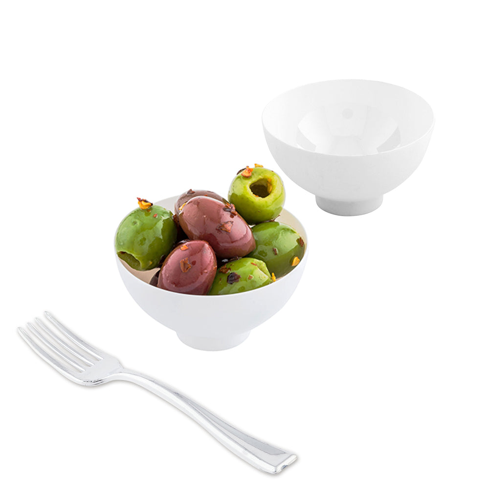 100 Pack 2 oz Round White Plastic Coppa Bowls with 100 Silver Mini Forks - Perfect for Party Appetizers, Desserts, and Catering Events