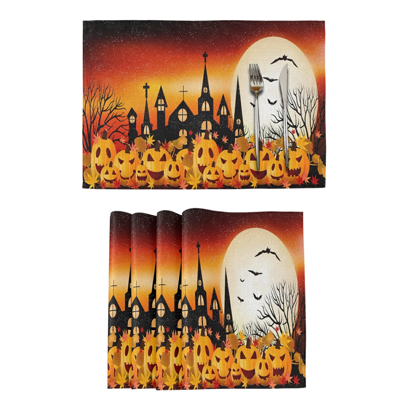 Halloween Pumpkin Castle Placemats Set of 4 - Heat Resistant, Washable & Non-Slip Vinyl Table Mats for Dining & Kitchen - Stain Resistant Woven Placemats for Halloween Party, Thanksgiving Dinner & Fall Home Decor