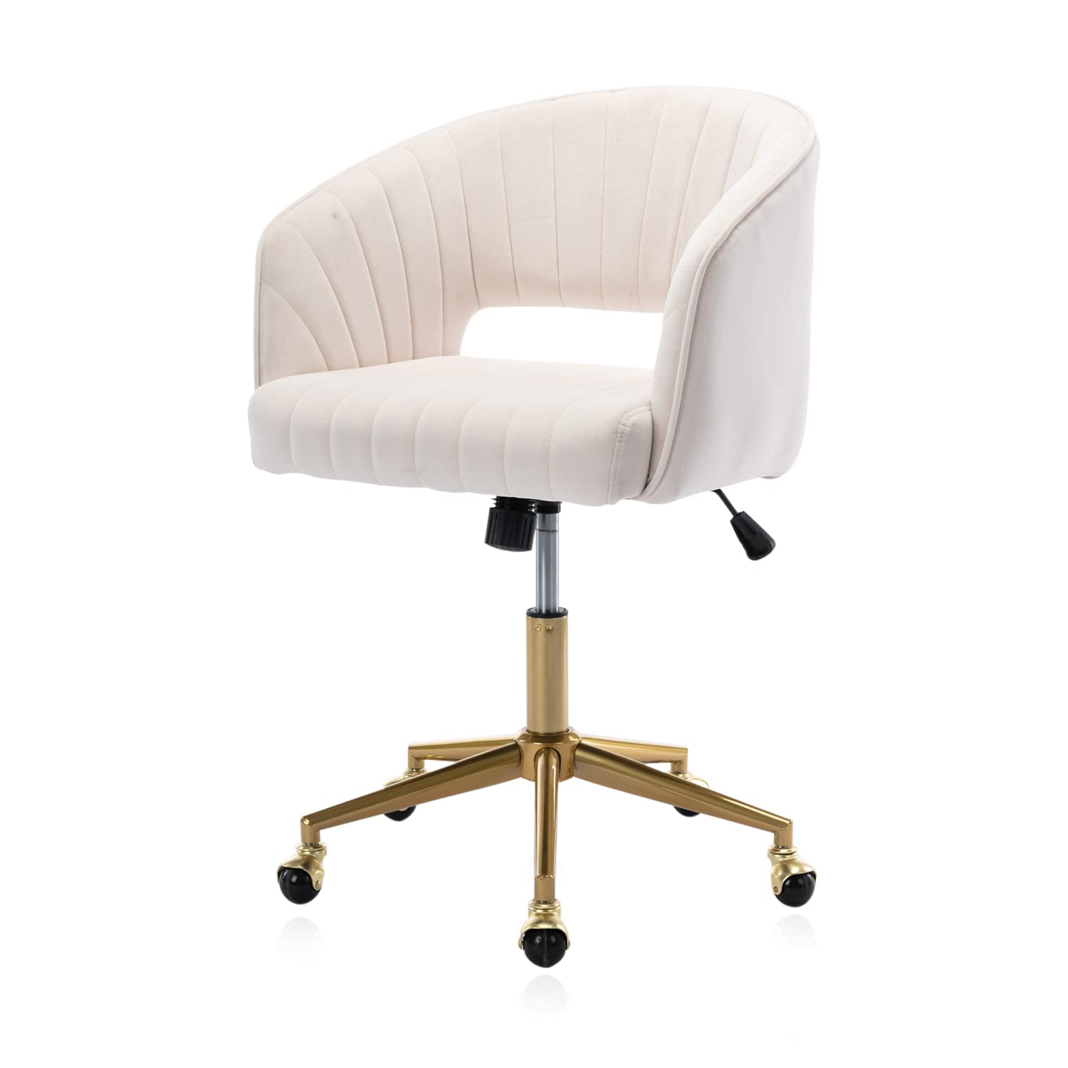 Kiztir Velvet Home Office Chair - Modern Swivel Desk Chair with Gold Base & Round Solid Wheels, Adjustable Vanity Chair for Study, Living Room, Bedroom (Beige) | Ergonomic Comfort for Work From Home, Gaming & Relaxation
