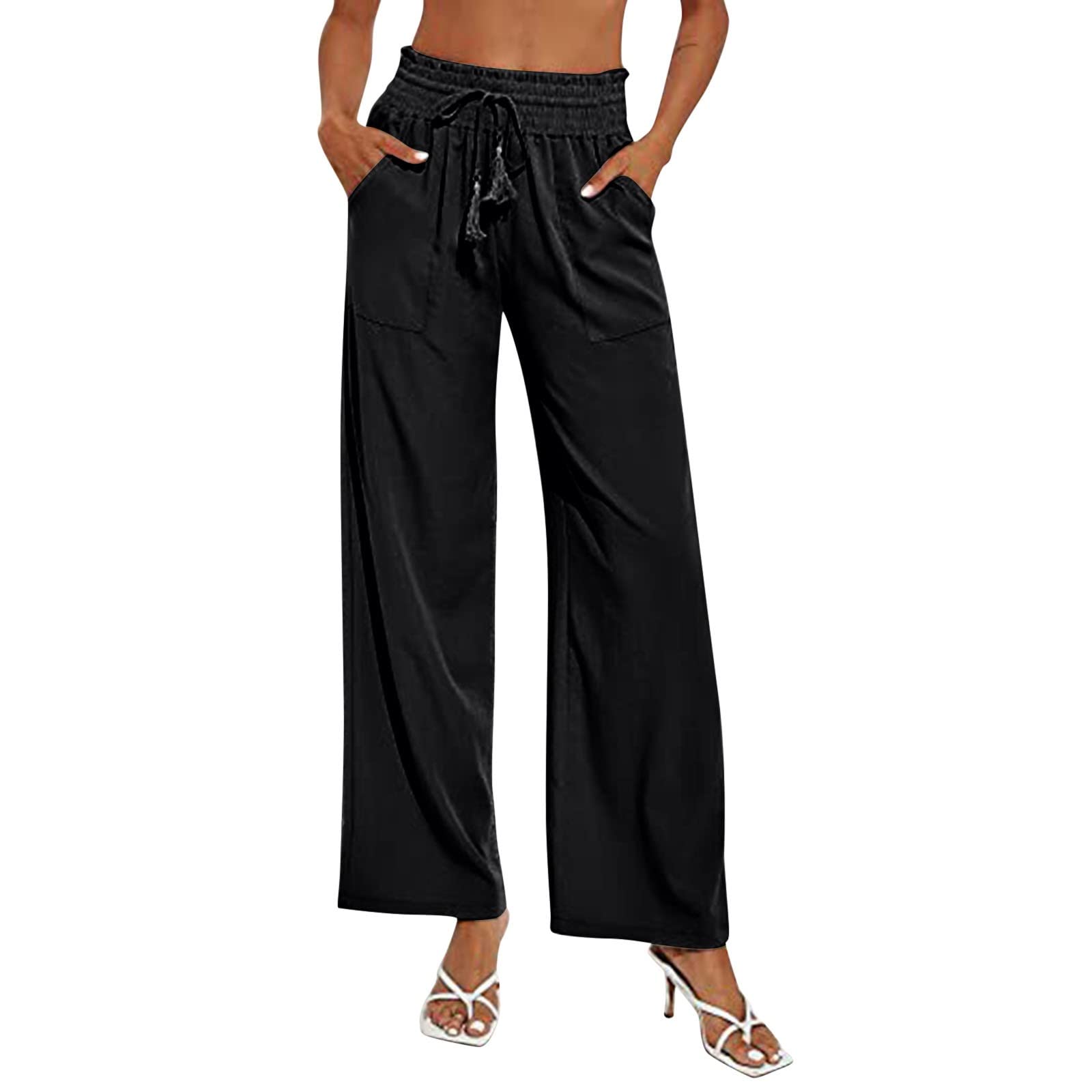 **Women's High Waisted Wide Leg Linen Pants - Breathable Cotton Linen Blend, Drawstring Casual Loose Trousers for Summer, Beach, and Boho Style**