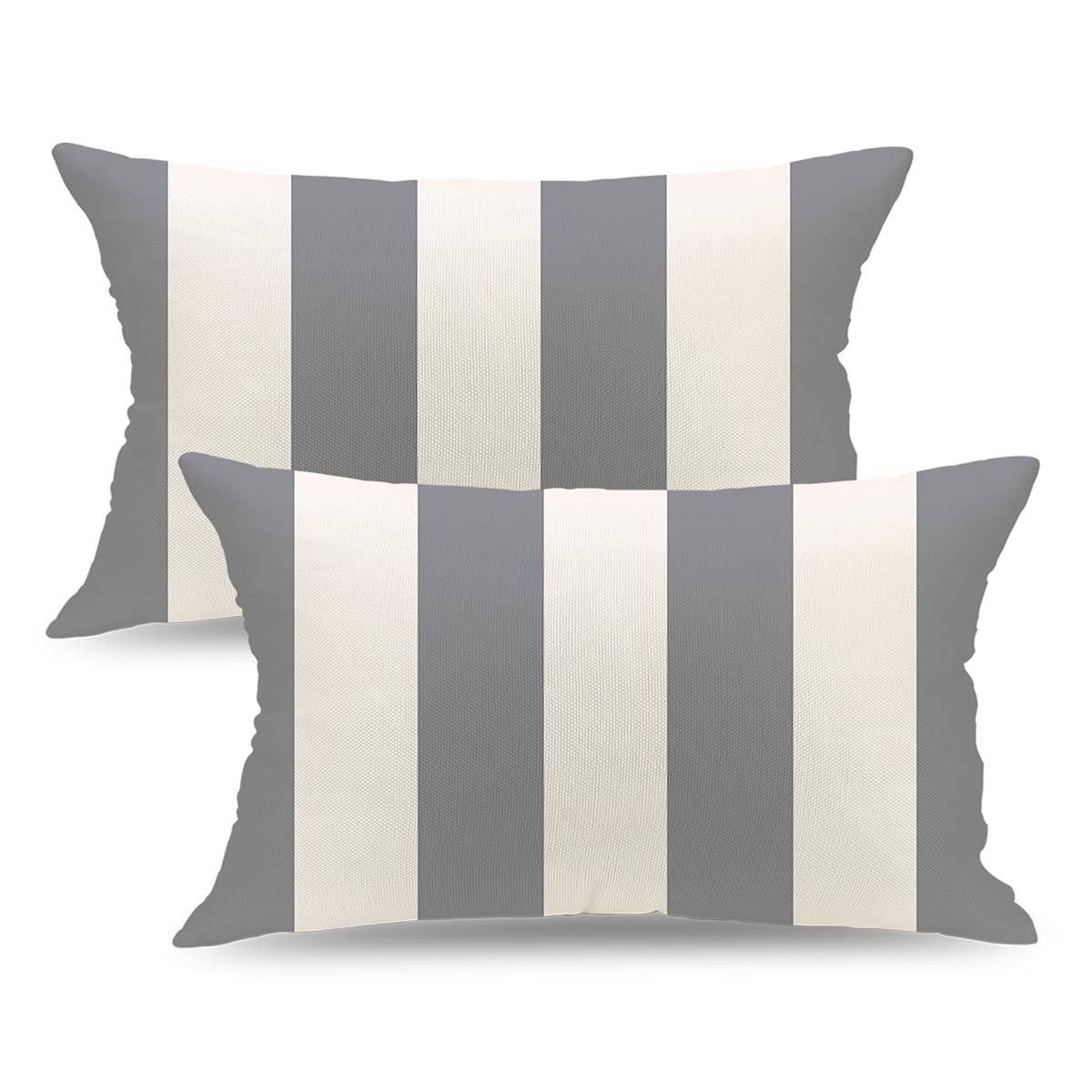 Set of 2 Grey and White Striped Linen Throw Pillow Covers 12x20 Inch - Modern Farmhouse Decorative Cushion Cases for Sofa, Couch, Bed, Car & Living Room - Perfect for Home Decor, Cozy Living Spaces and Gift Giving