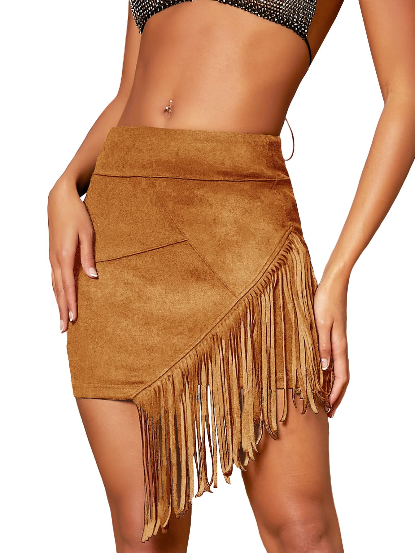Milumia Women's Bohemian Fringe Hem Mini Skirt - High Waisted Asymmetrical Short Skirt for Summer, Beach, Music Festival & Casual Outfits
