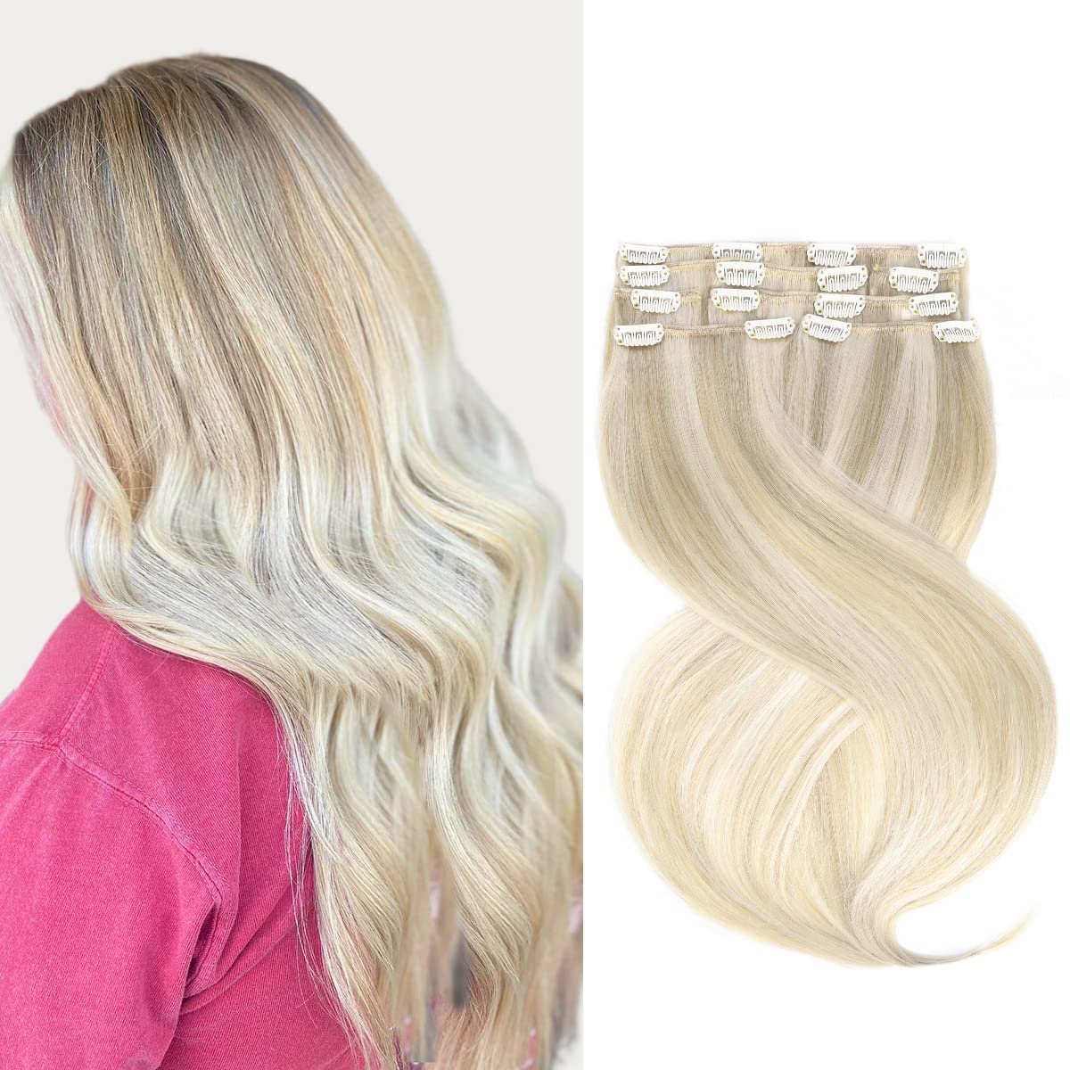 Marat Clip in Human Hair Extensions 16 Inch 120g - Ash Blonde Highlighted Platinum Blonde Straight Hair Extensions for Women | Perfect for Parties, Weddings & Daily Styling
