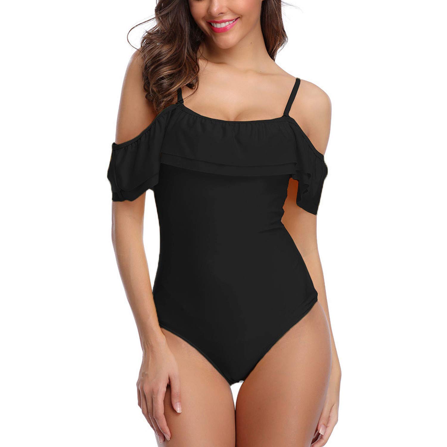TSWRK Women's Flounce Off Shoulder One Piece Swimsuit with Ruffles - Sexy Beach Bathing Suit for Summer Vacation, Pool Party & Tropical Getaway