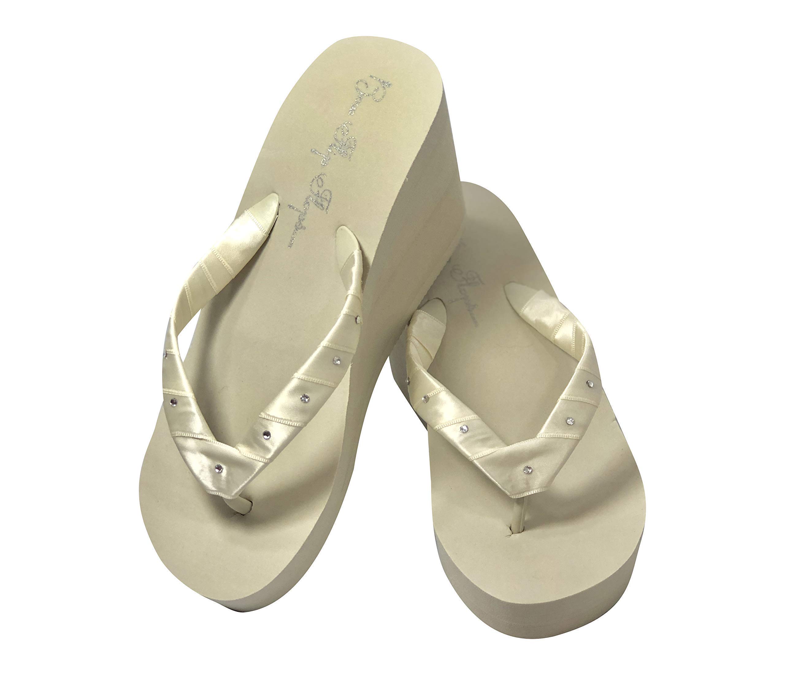 Sparkling Crystal Rhinestone Embellished Wedge Flip Flops - Ivory & White | Comfortable Summer Sandals for Beach, Pool, and Casual Outings