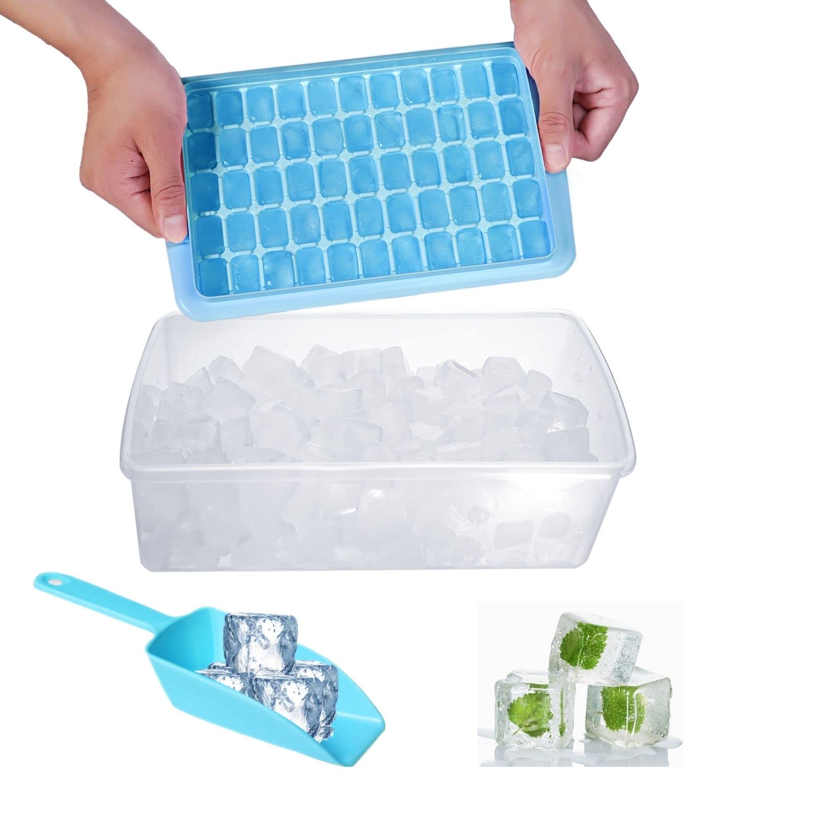 BPA-Free Ice Cube Tray with Lid & Storage Bin - 55-Cube Silicone Mold for Freezer, Includes Scoop & Cover (Blue) - Perfect for Cocktails, Smoothies & Home Drink Making