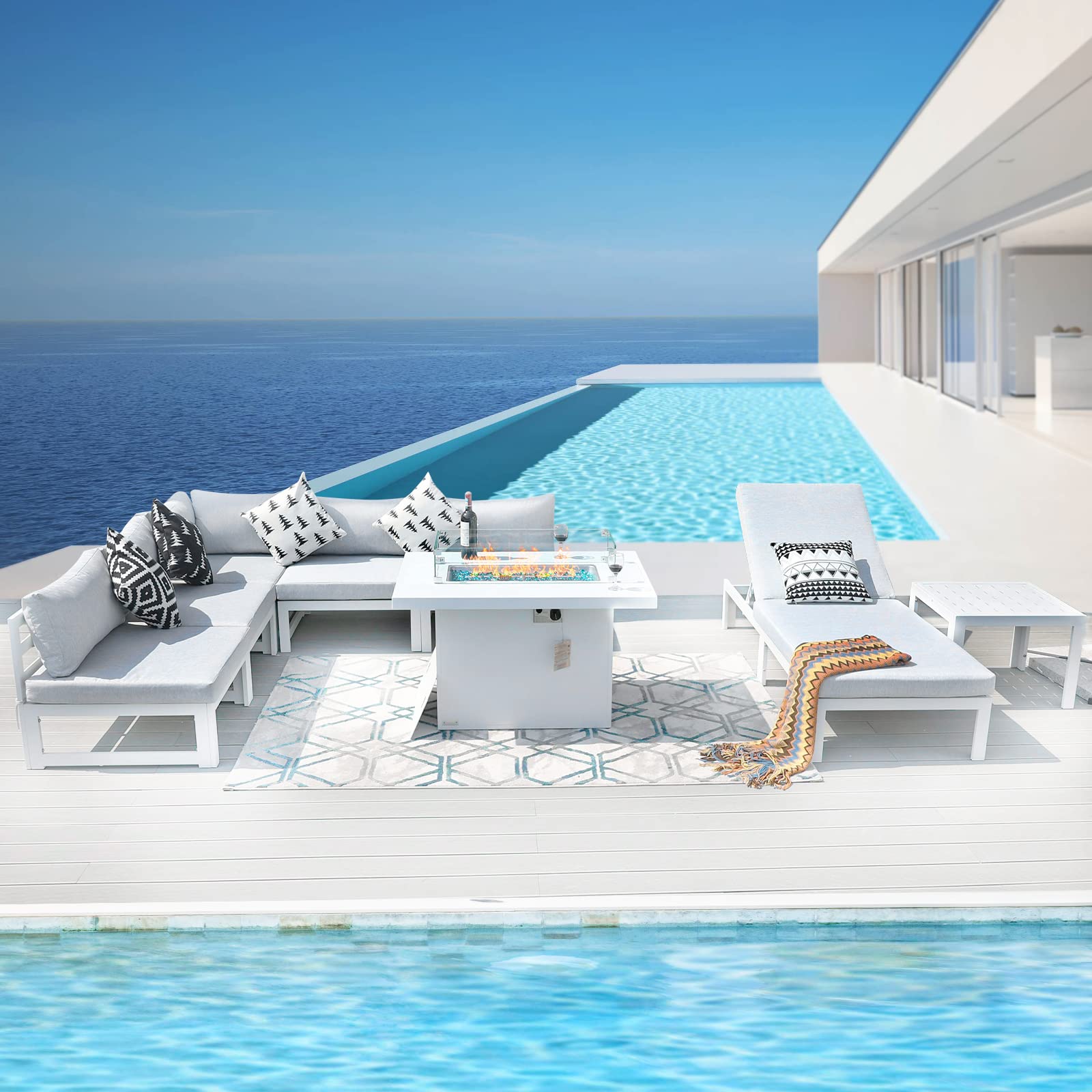 BULEXYARD 8-Piece Aluminum Outdoor Patio Furniture Set with Fire Pit Table - Propane/Natural Gas Compatible Metal Sectional Sofa Conversation Set in White - Perfect for Backyard, Garden & Poolside Relaxation