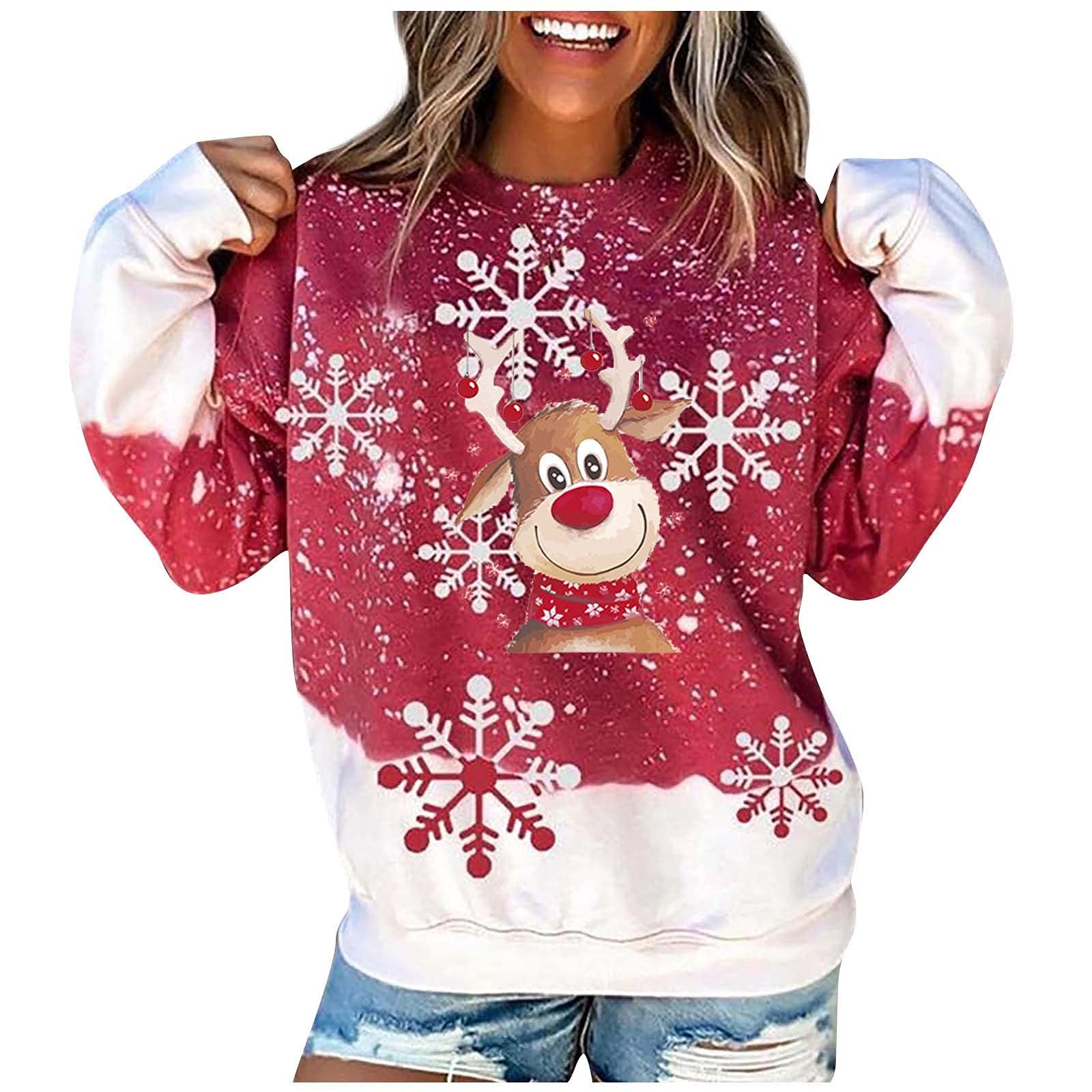 Women's Warm O-Neck Pullover Sweatshirt - Christmas Print Long Sleeve Blouse Top with Hood - Cozy Winter Fashion for Holiday Parties & Casual Outings