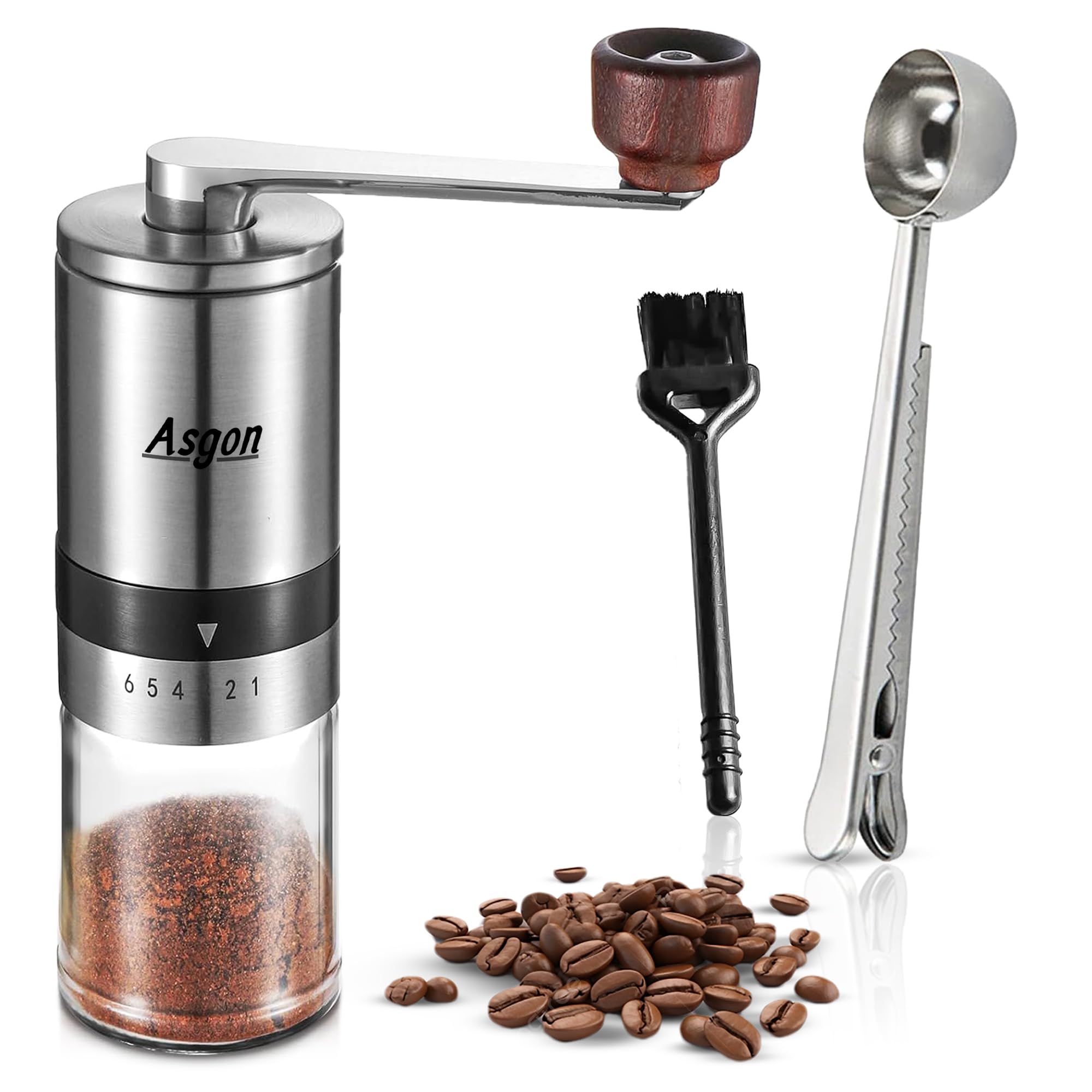 Premium Manual Coffee Grinder with Spoon & Cleaning Brush - Adjustable Stainless Steel Burr Mill for Espresso, French Press & Pour Over - 6 Coarseness Settings - Ergonomic Handle - Perfect for Home, Office & Camping Use