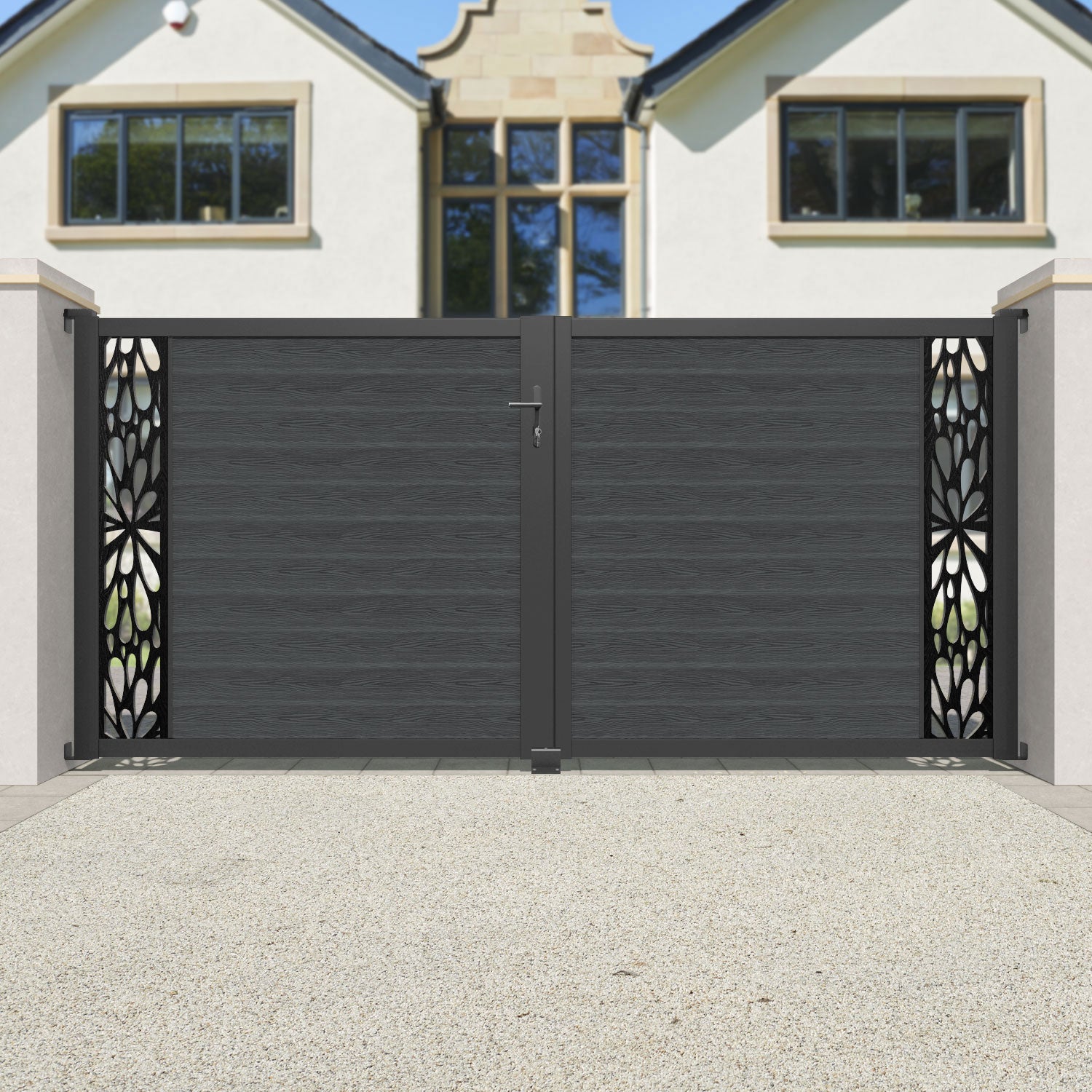 Classic Blossom Straight Top Driveway Gate - Dark Grey Steel Fence for Home Security & Privacy | Perfect for Residential Entryways, Gardens & Property Boundaries