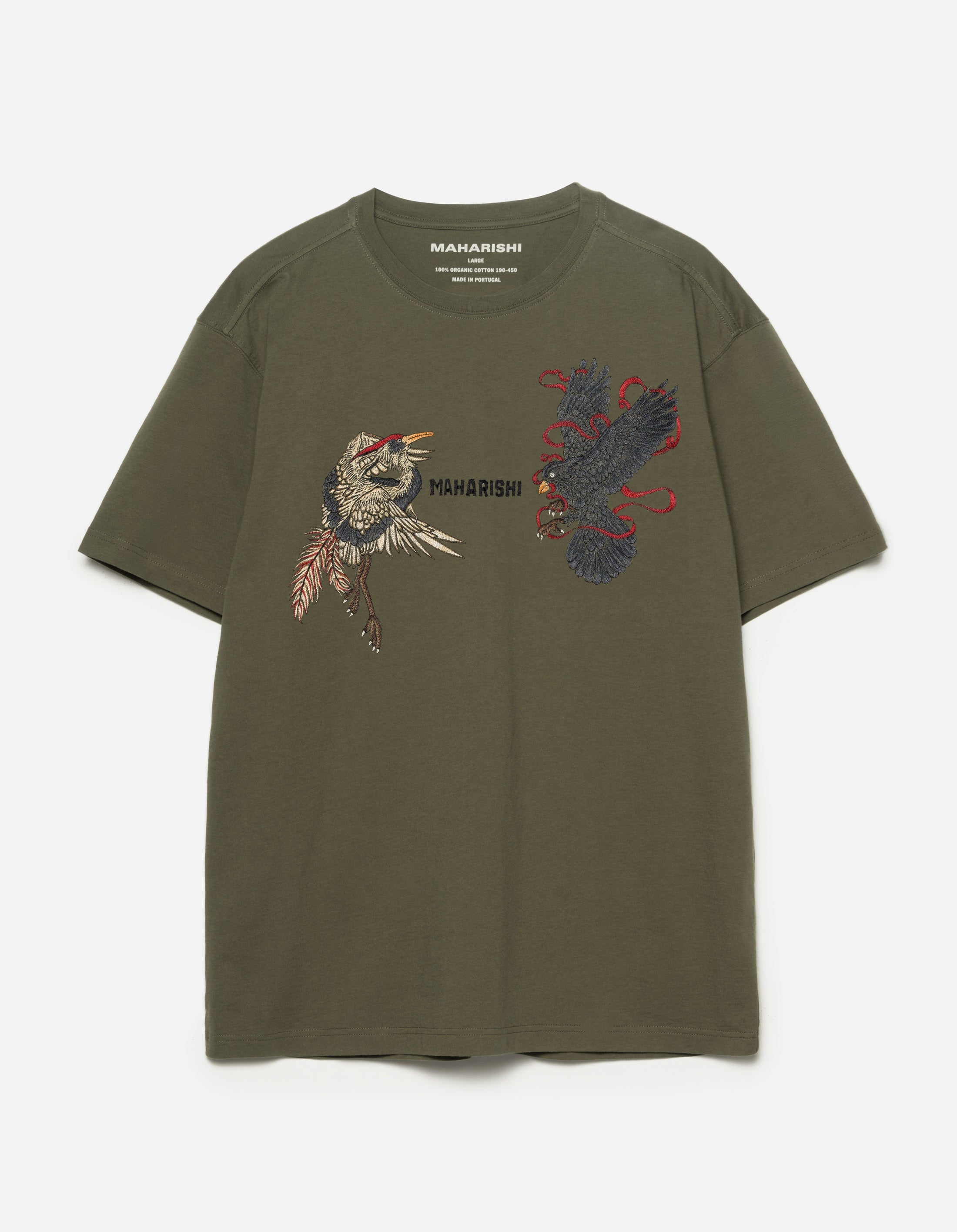 6104 Black Crow White Heron Graphic T-Shirt - Olive OG 107F Military Style Cotton Tee for Men | Casual Streetwear & Outdoor Activities