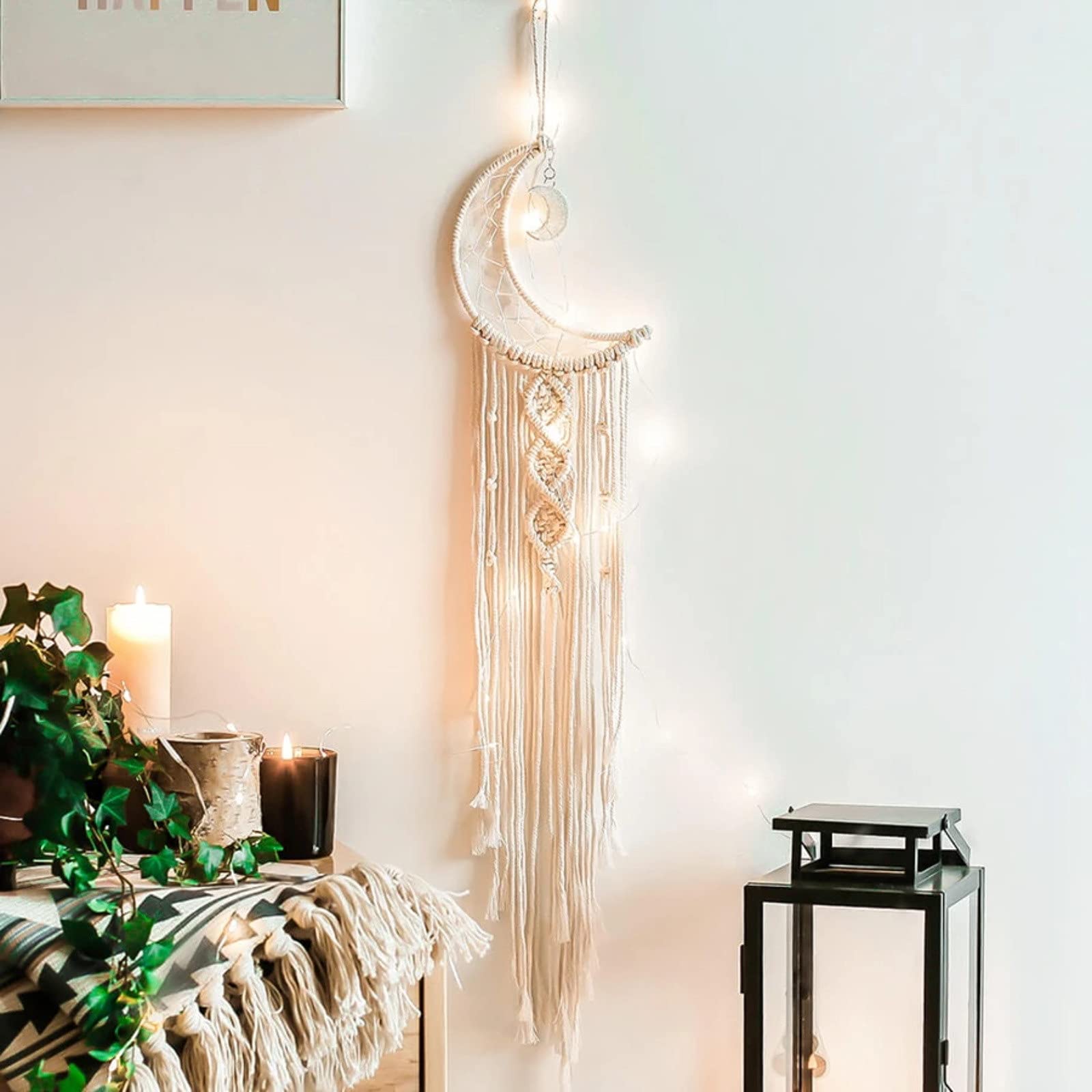 Bohemian Dream Catcher with Moon & Stars - Handwoven Native American Wall Hanging Decor for Bedroom, Nursery & Living Room - Feather Pendant Home Ornament for Boho Chic Interior Design