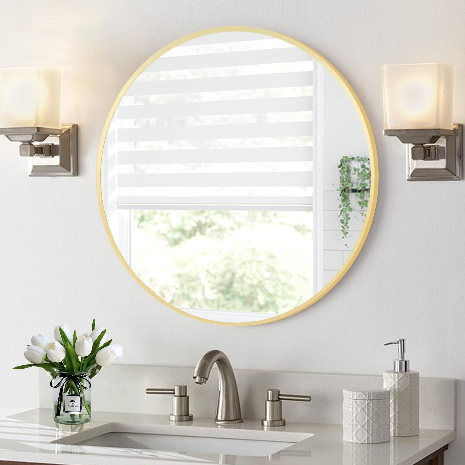 24 Inch Gold Round Wall Mirror - Large Circle Bathroom Mirror for Vanity, Living Room, Bedroom, Entryway & Hallway | Elegant Home Decor & Space Enhancer