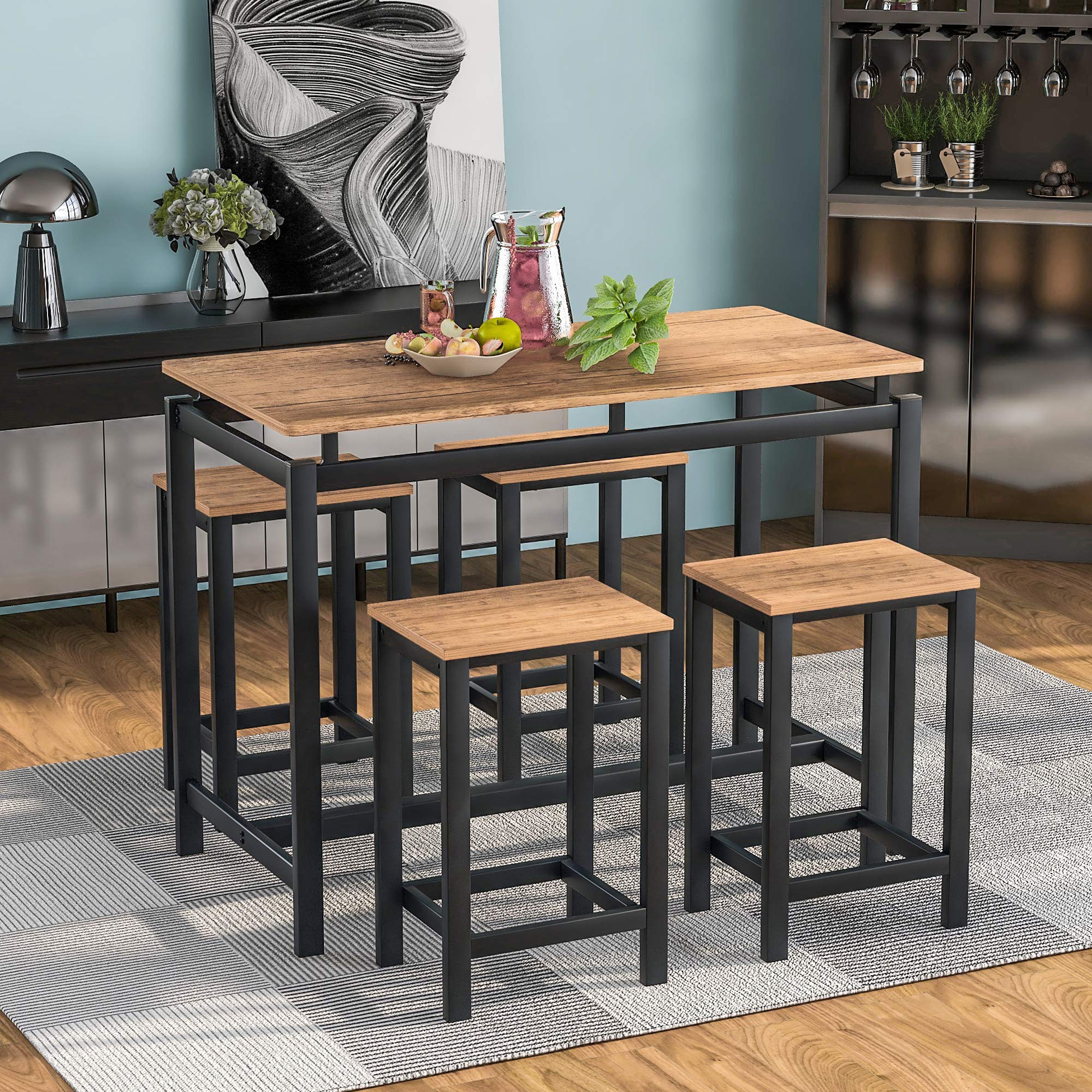 SSLine 5-Piece Industrial Kitchen Counter Height Table Set with 4 Compact Bar Stools - Brown Pub Dining Table & Chairs for Home, Breakfast Nook & Small Space Kitchen - Perfect for Apartments, Condos & Modern Farmhouse Decor