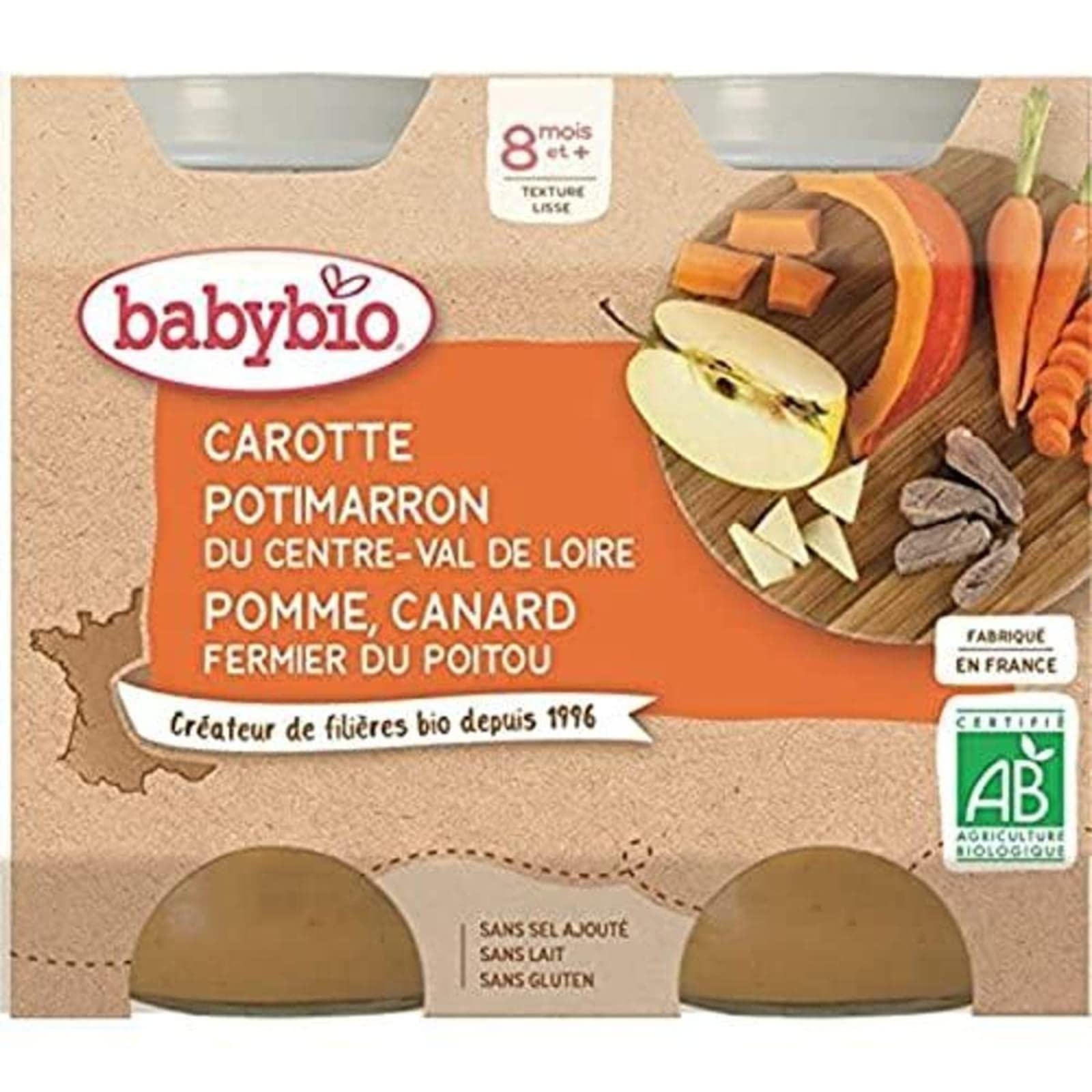 Organic Baby Food Pouches - Babybio Petits Pots Carrot Pumpkin Apple & Duck 2x200g (8+ Months) - Perfect for On-the-Go Feeding & Healthy Snacking