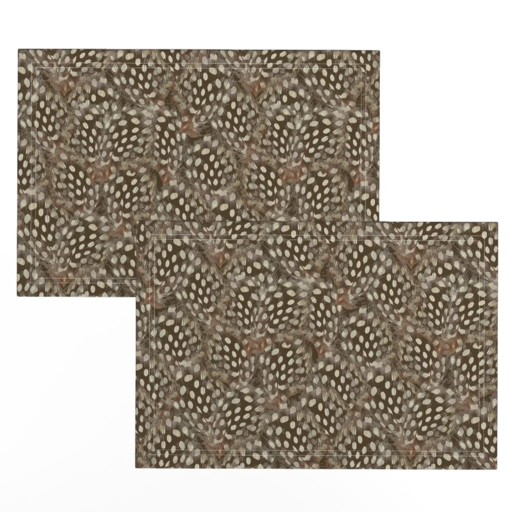 Premium Linen Cotton Canvas Placemats Set of 2 - Chocolate Brown Bird Feather Quail Print Table Mats for Dining Room Decor, Kitchen Table Setting & Holiday Dinner Parties