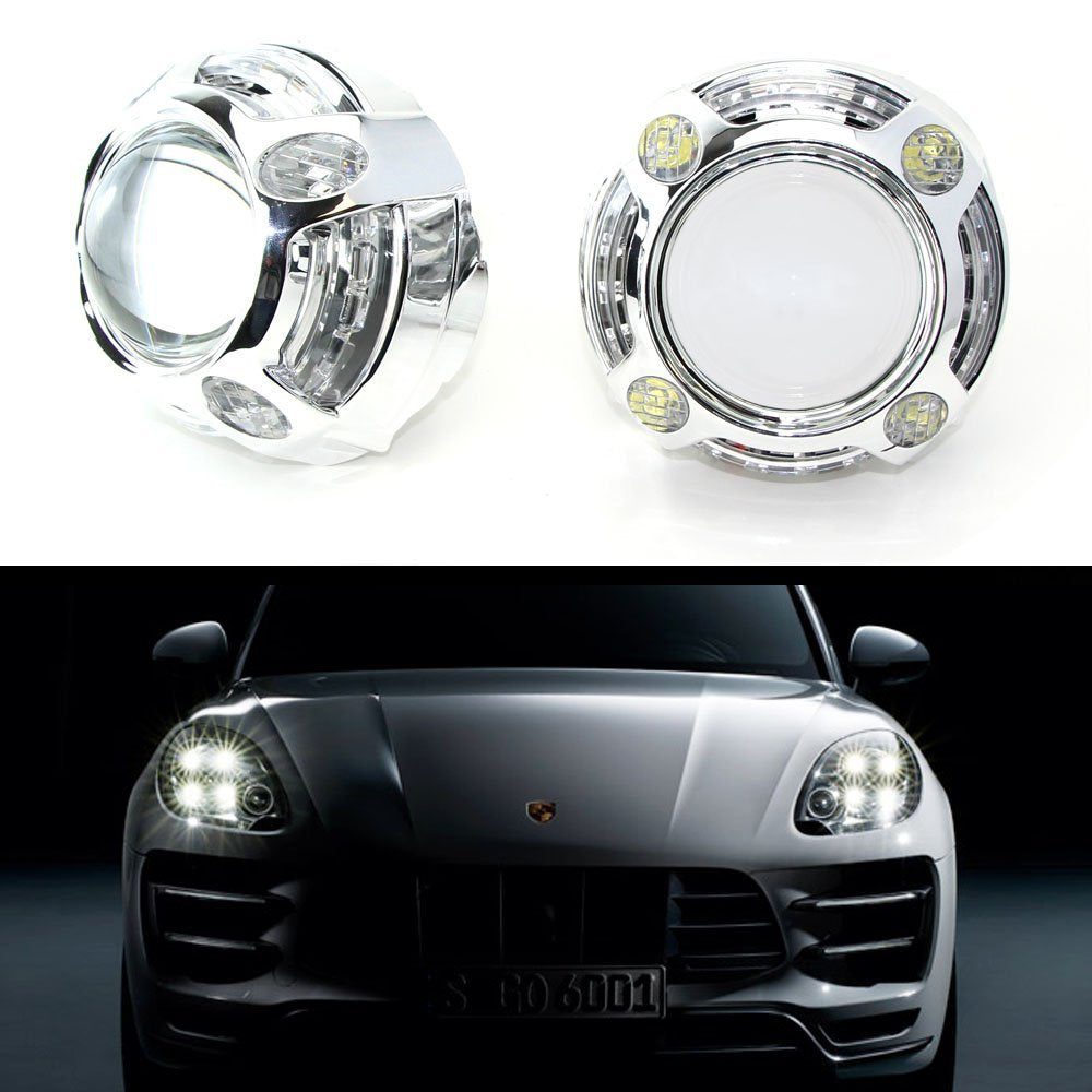 3.0 H1 Bi-Xenon Projector Headlight Lens with Porsche Style 4 LED DRL Shroud - Upgrade Your Car Lighting for Night Driving & Enhanced Visibility