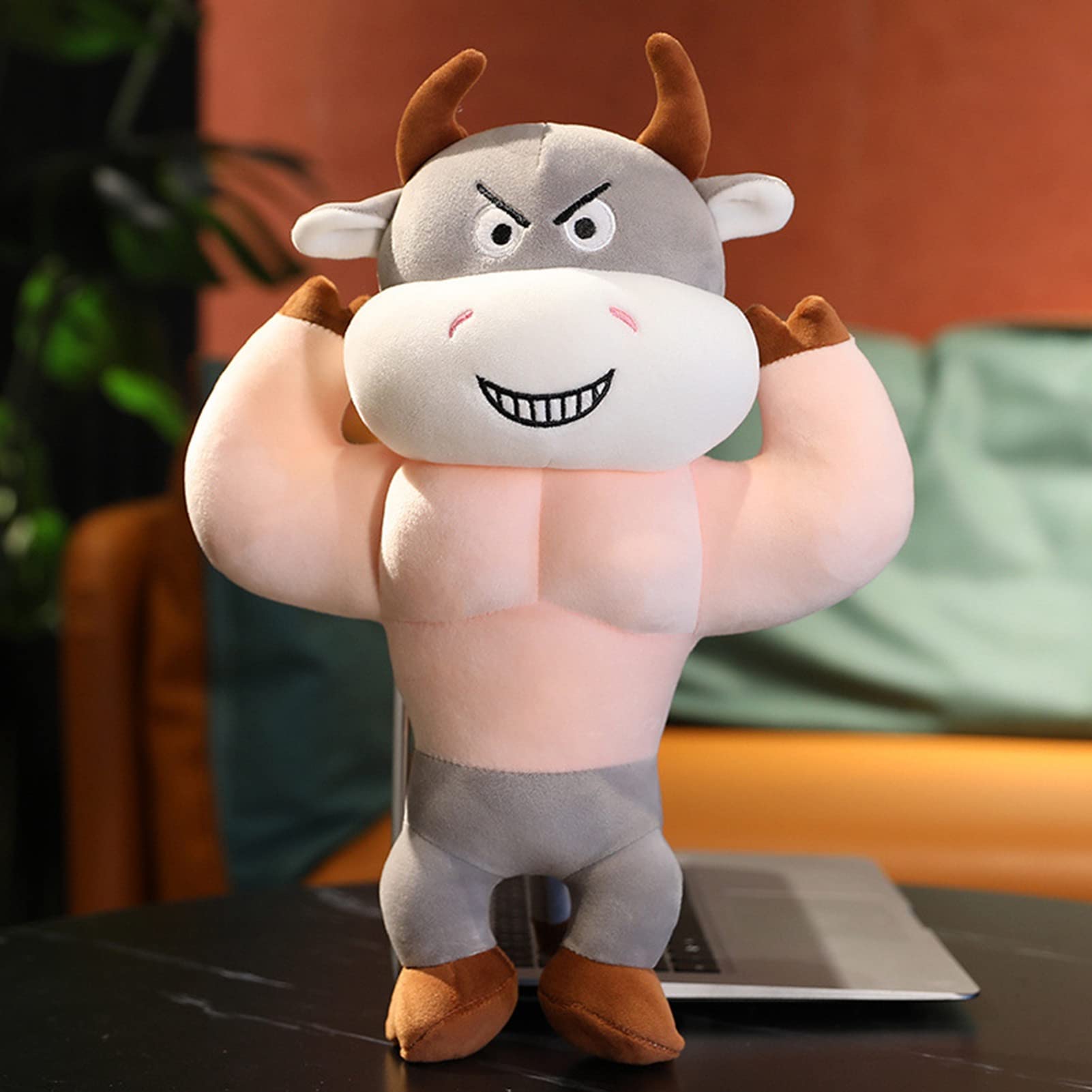 Muscle Cow Plush Pillow - Soft Stuffed Animal for Girls & Teens - Grey 13.78