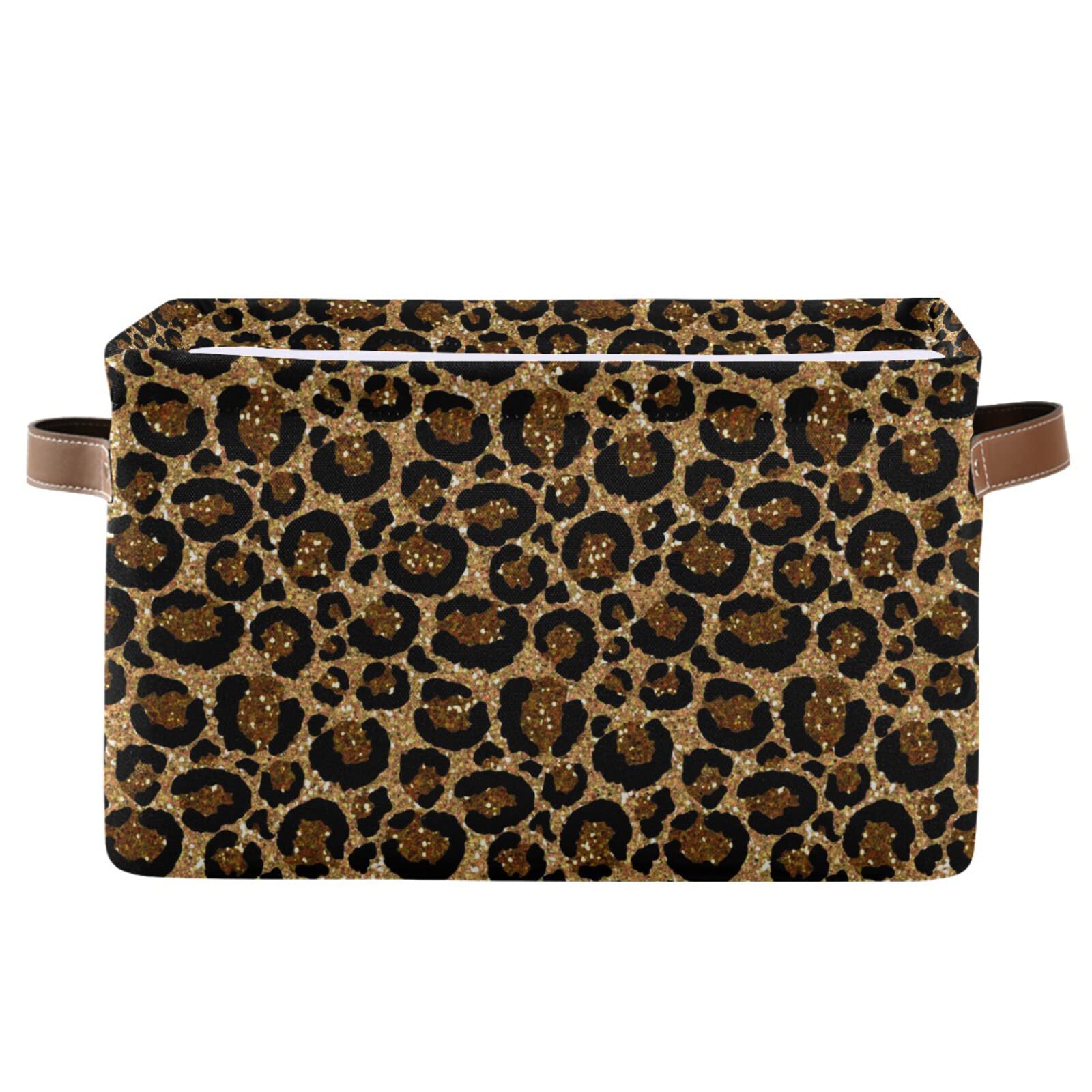 Leopard Print Collapsible Storage Basket with Leather Handles - Foldable Rectangular Storage Bin for Nursery, Kitchen & Bedroom Organization - Perfect for Toys, Blankets & Home Decor Storage