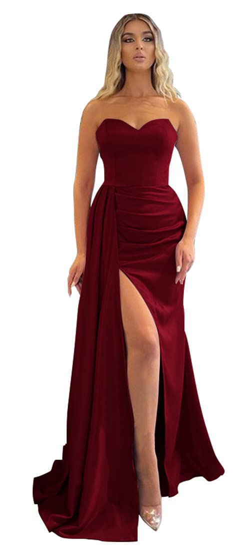 Elegant Mermaid Prom Dresses 2024 - Strapless Satin Evening Gowns with High Slit & Train for Women | Formal Bridesmaid, Homecoming, Wedding Guest & Special Occasion Dresses