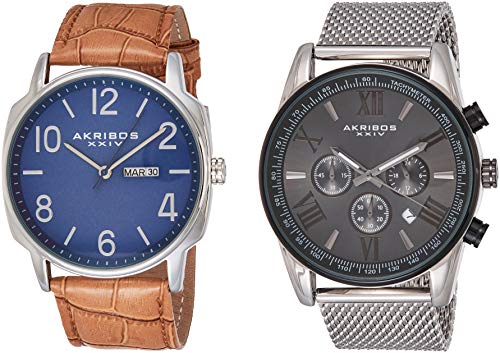 Akribos XXIV Men's 2 Watch Set - Stainless Steel Multifunction & Leather Strap Everyday Watch - AK885 - Perfect for Business, Casual & Gift Giving