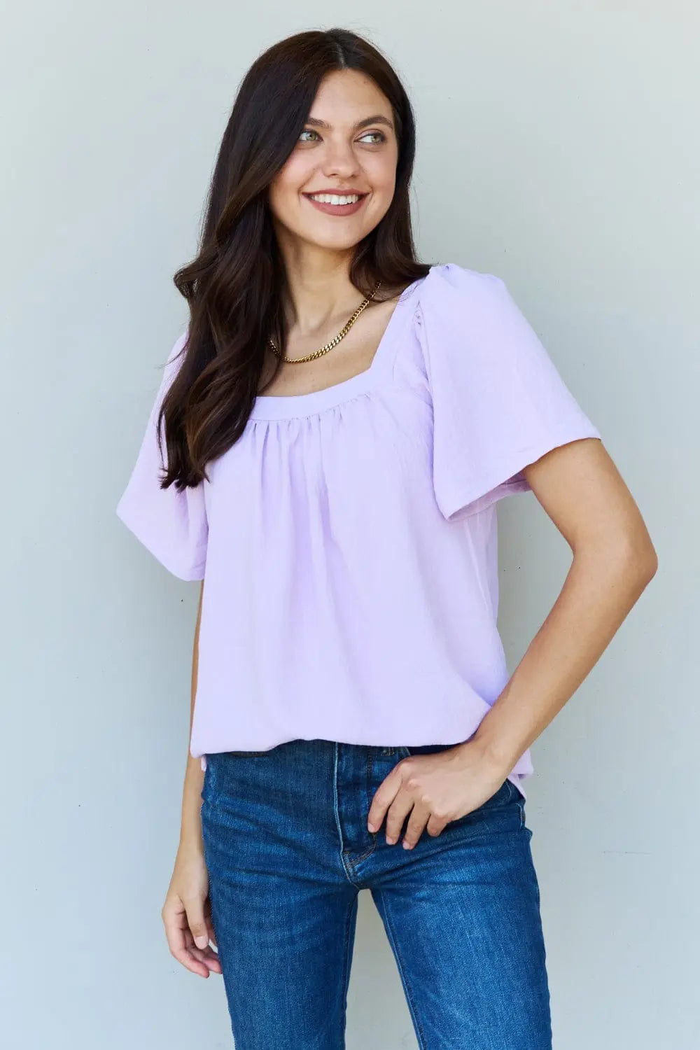 Ninexis Keep Me Close Square Neck Short Sleeve Blouse - Lavender Women's Tops for Work, Date Night & Casual Outfits