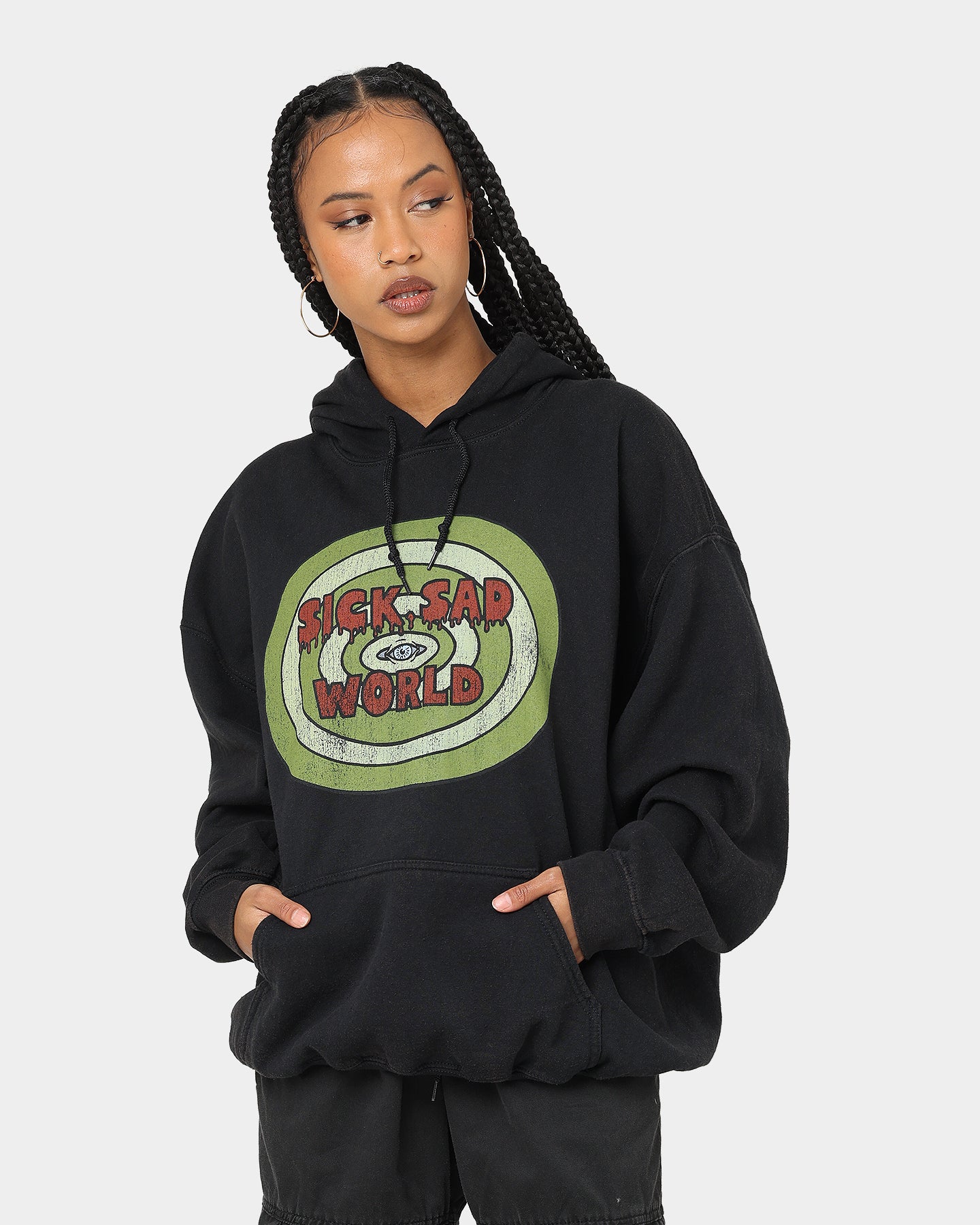 American Thrift X Daria Sick Sad World Vintage Hoodie - Black Wash - 90s Retro Unisex Pullover Sweatshirt for Casual Wear & Street Fashion