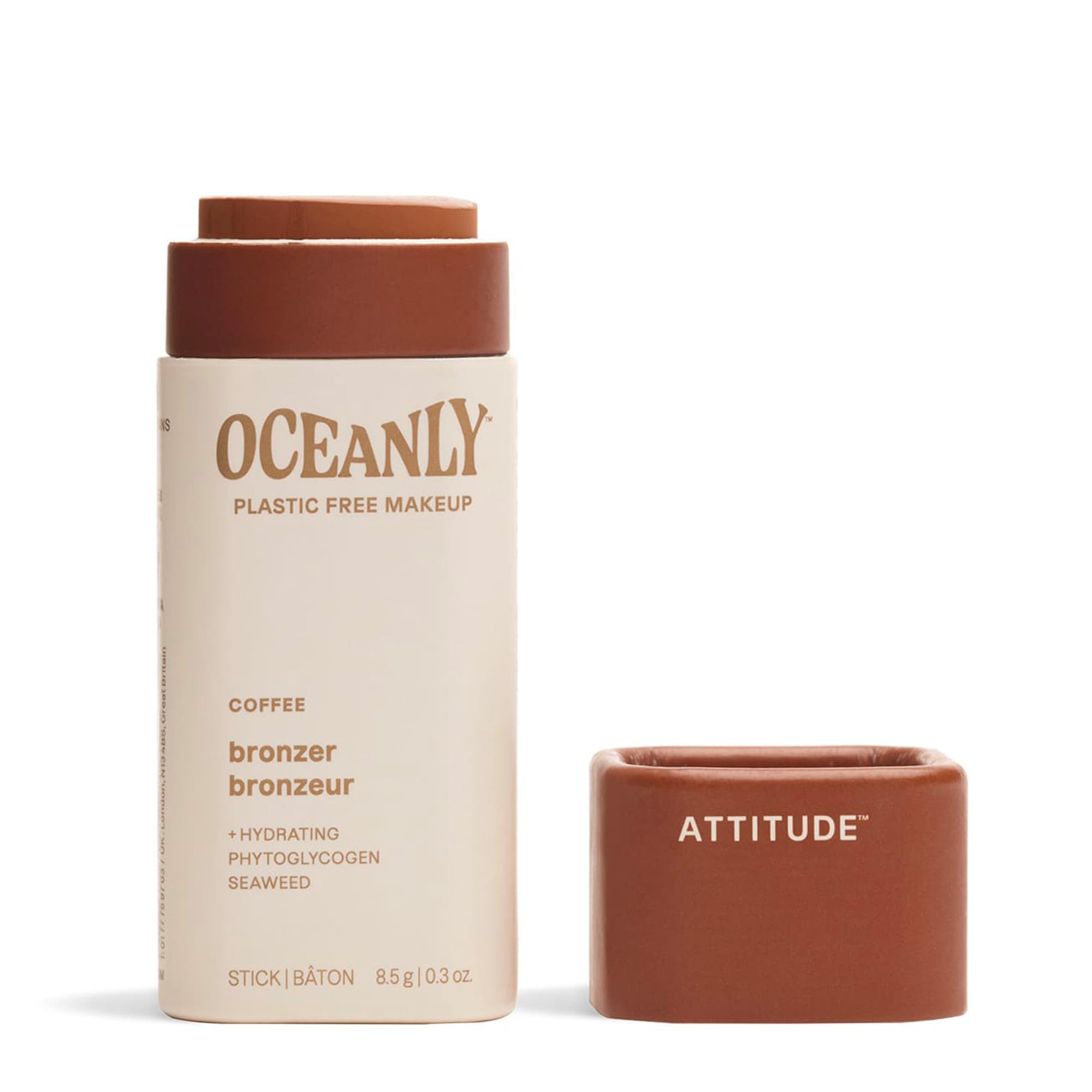 ATTITUDE Oceanly Plastic-Free Lightweight Bronzer Stick - Titanium Dioxide-Free, EWG Verified, Vegan & Cruelty-Free Makeup - Coffee Shade, 0.3 oz | Natural Sun-Kissed Glow for Everyday Wear & Travel-Friendly Beauty