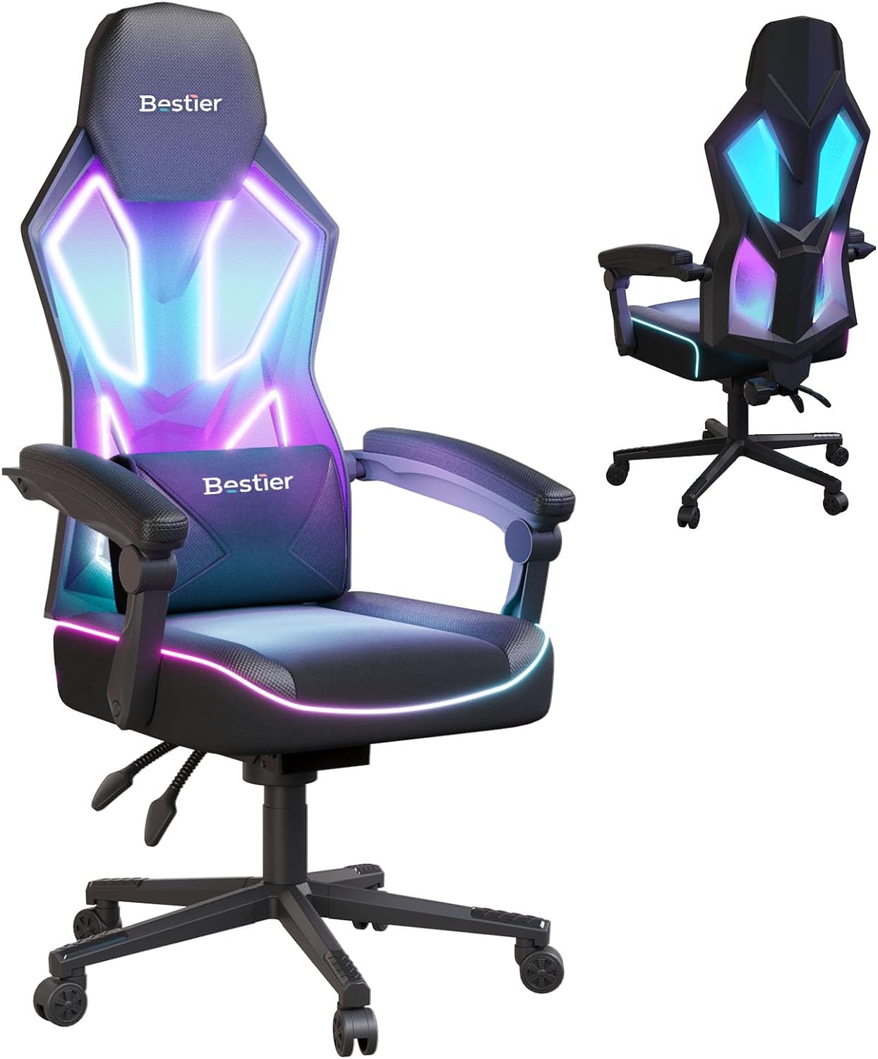 Bestier Ergonomic Gaming Chair with RGB LED Lights - Adjustable Height & Lumbar Support for PC Gamers - Perfect for Esports, Streaming & Home Office Setup