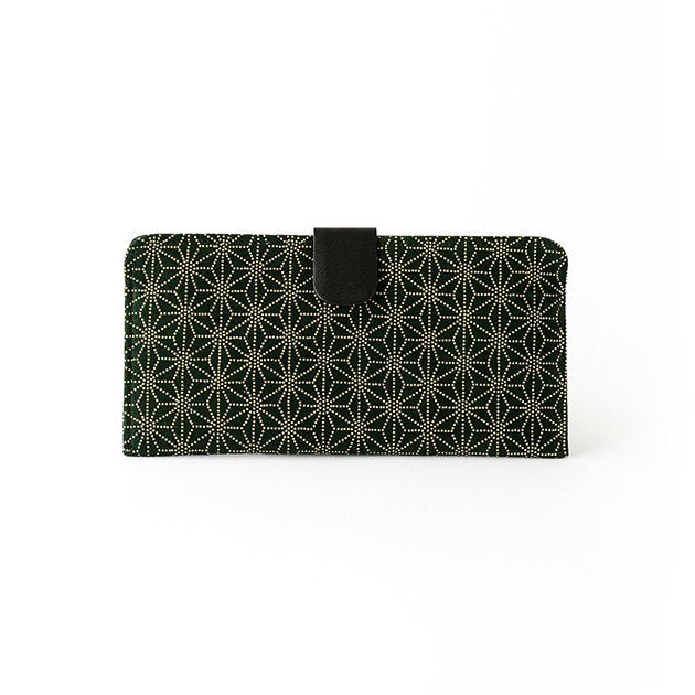 Premium Japanese Deerskin Leather Long Wallet with Urushi Lacquer - Asanoha Hemp Leaf Pattern, Dark Green - Handmade in Japan - Perfect for Gifts, Travel & Everyday Use