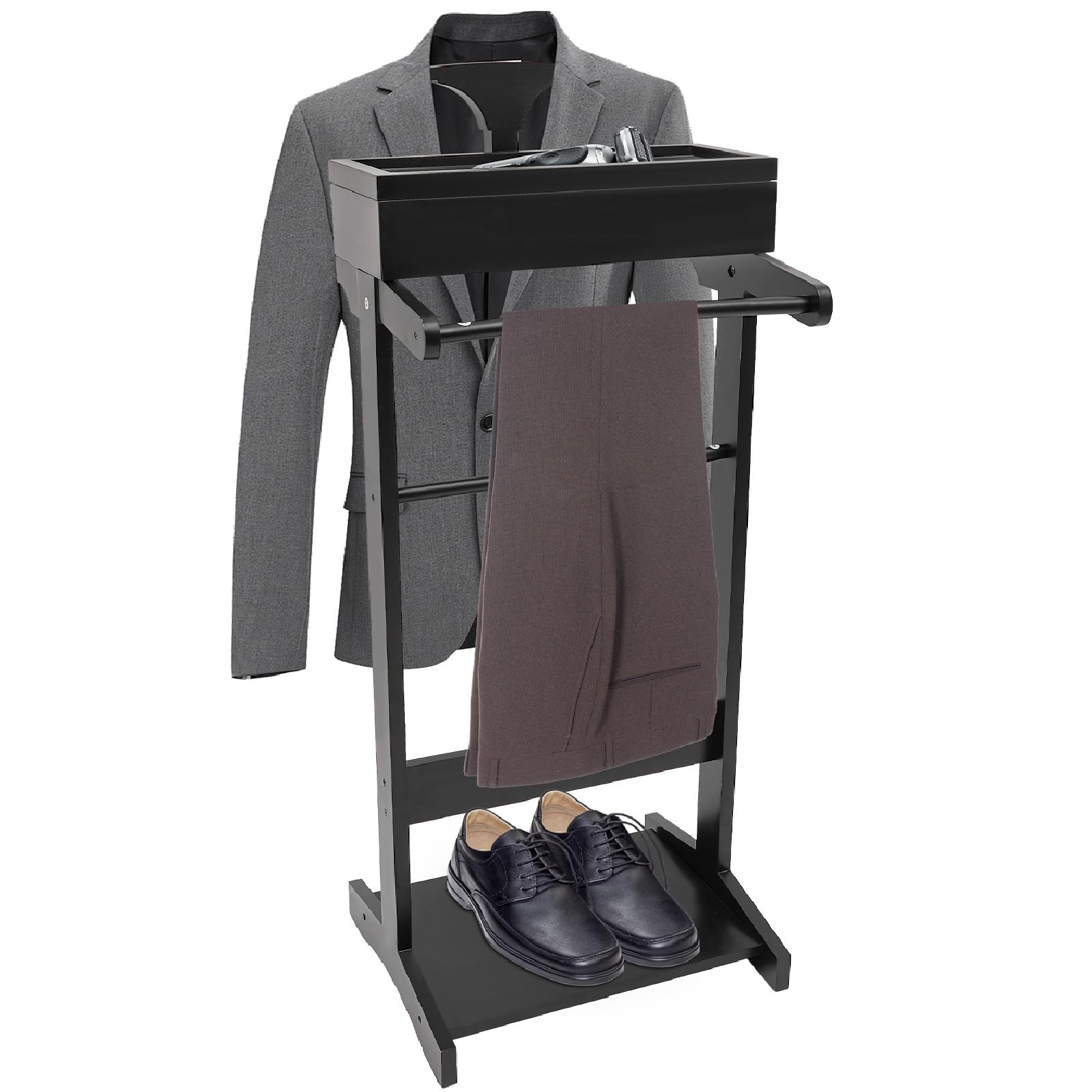 Premium Wooden Clothes Valet Stand with Storage Tray & Trouser Bar - Suit Coat Rack Organizer for Men & Women | Bedroom Closet Organization, Wedding Suit Display, Luxury Garment Storage (Black)