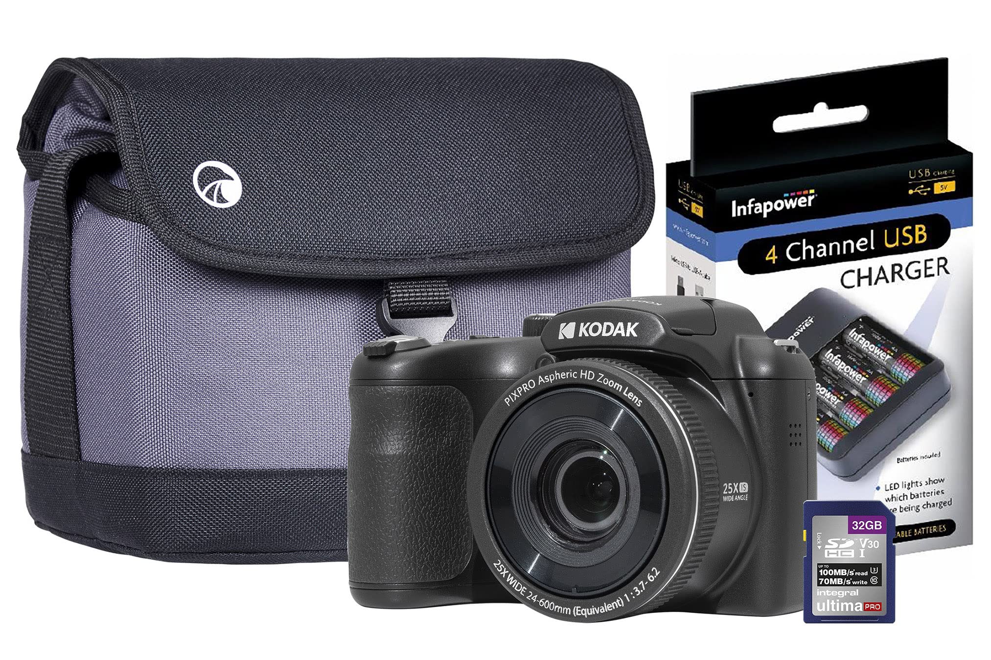 Kodak PIXPRO AZ255 Digital Bridge Camera with 25x Optical Zoom - Includes 4x AA Batteries, 32GB SD Card, Carrying Case & Charger - Perfect for Travel Photography, Wildlife Shooting and Family Events