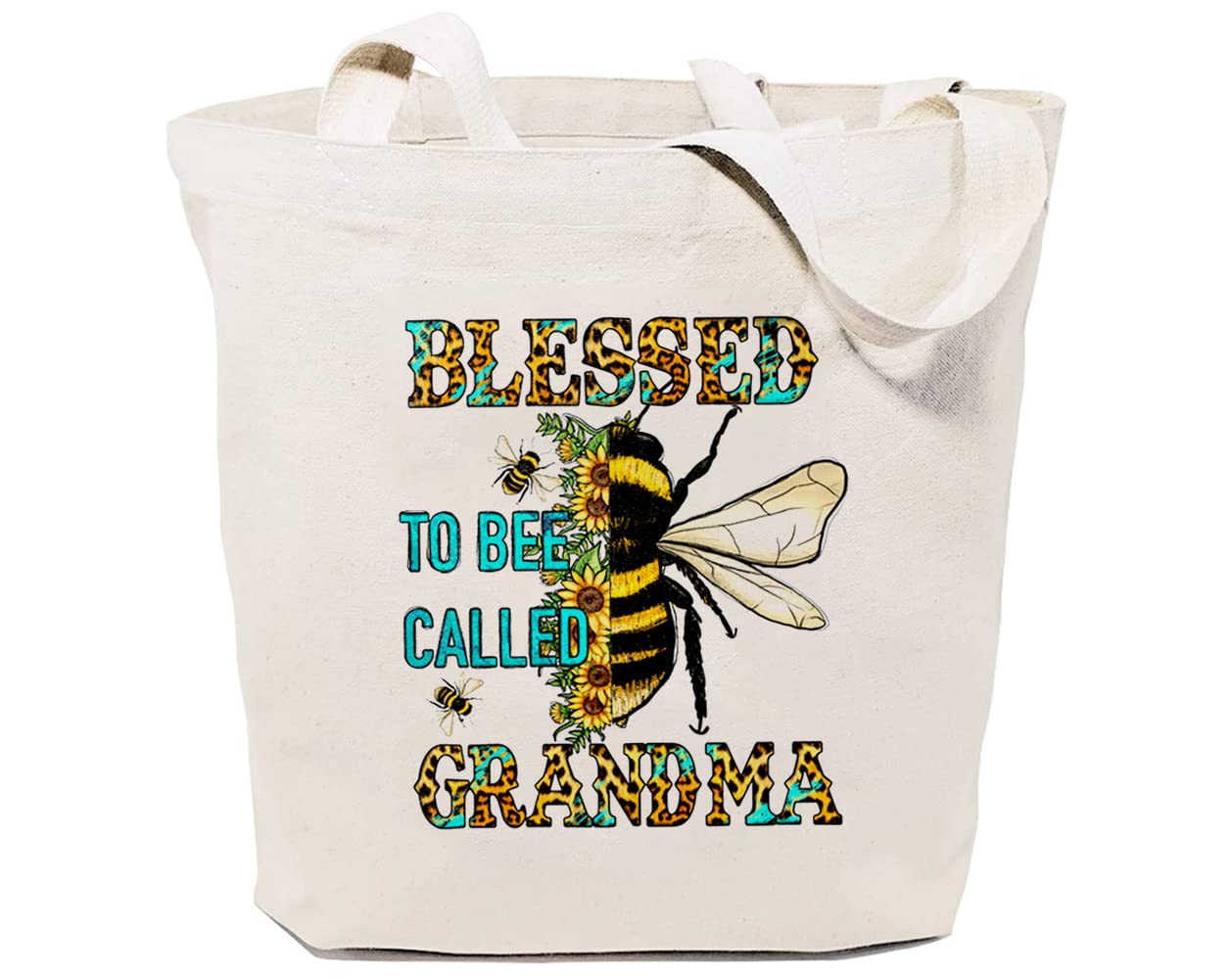 Blessed To Be Called Grandma Canvas Tote Bag for Women - Aesthetic Sunflower & Leopard Print Shoulder Shopping Bag | Perfect for Groceries, Beach Trips & Grandma Day Out