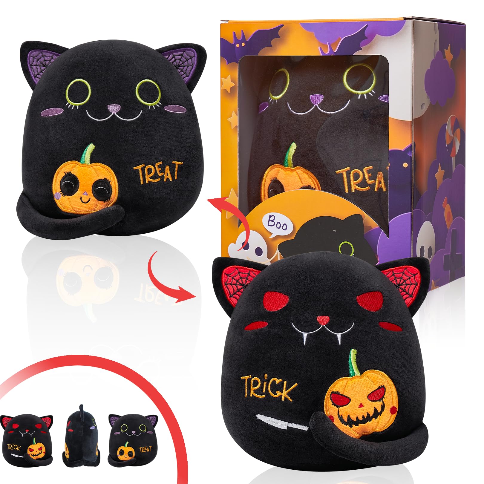 Black Cat Plush Stuffed Animal - 9.4 Inch Halloween Soft Toy with Pumpkin Design, Cute Trick or Treat Gift for Kids, Toddlers, Boys & Girls - Perfect for Birthday Parties, Home Decor, and Cozy Throw Pillow