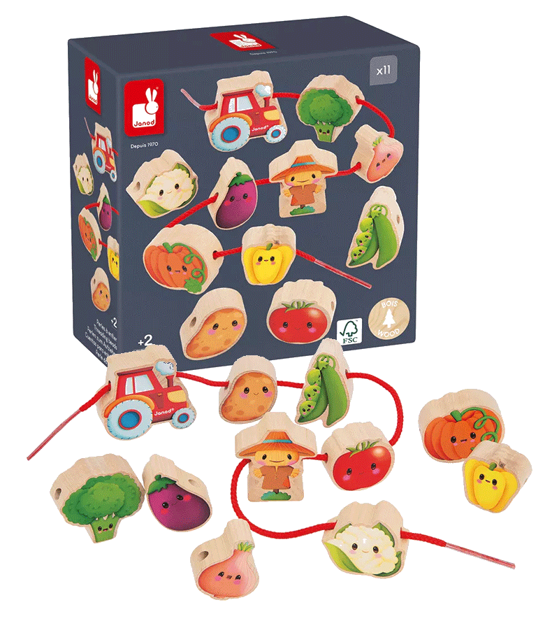 Janod Vegetable Garden Threading Beads - Educational Wooden Toy for Kids Fine Motor Skills Development - Perfect for Preschool Learning & Montessori Activities